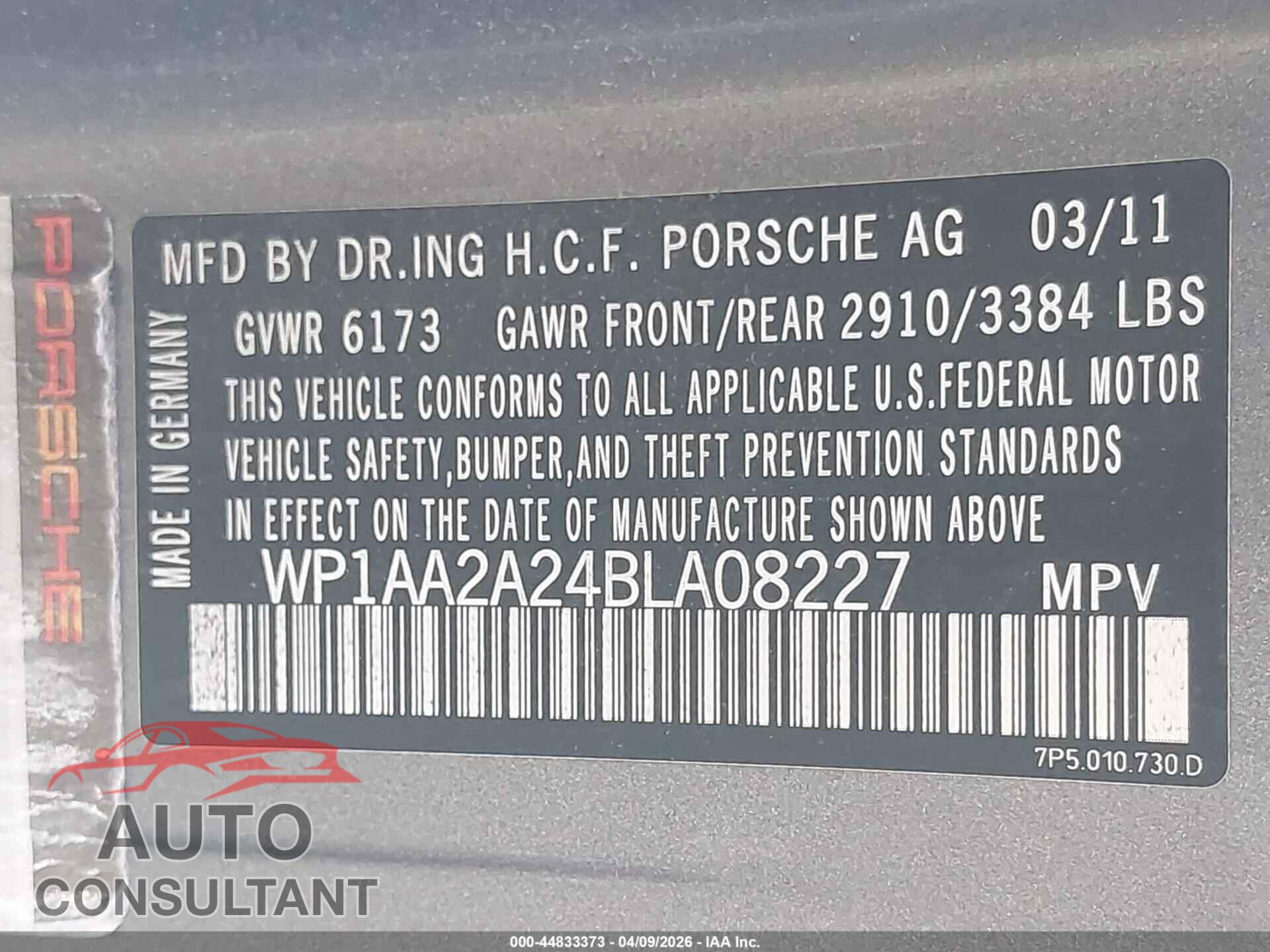 PORSCHE CAYENNE 2011 - WP1AA2A24BLA08227