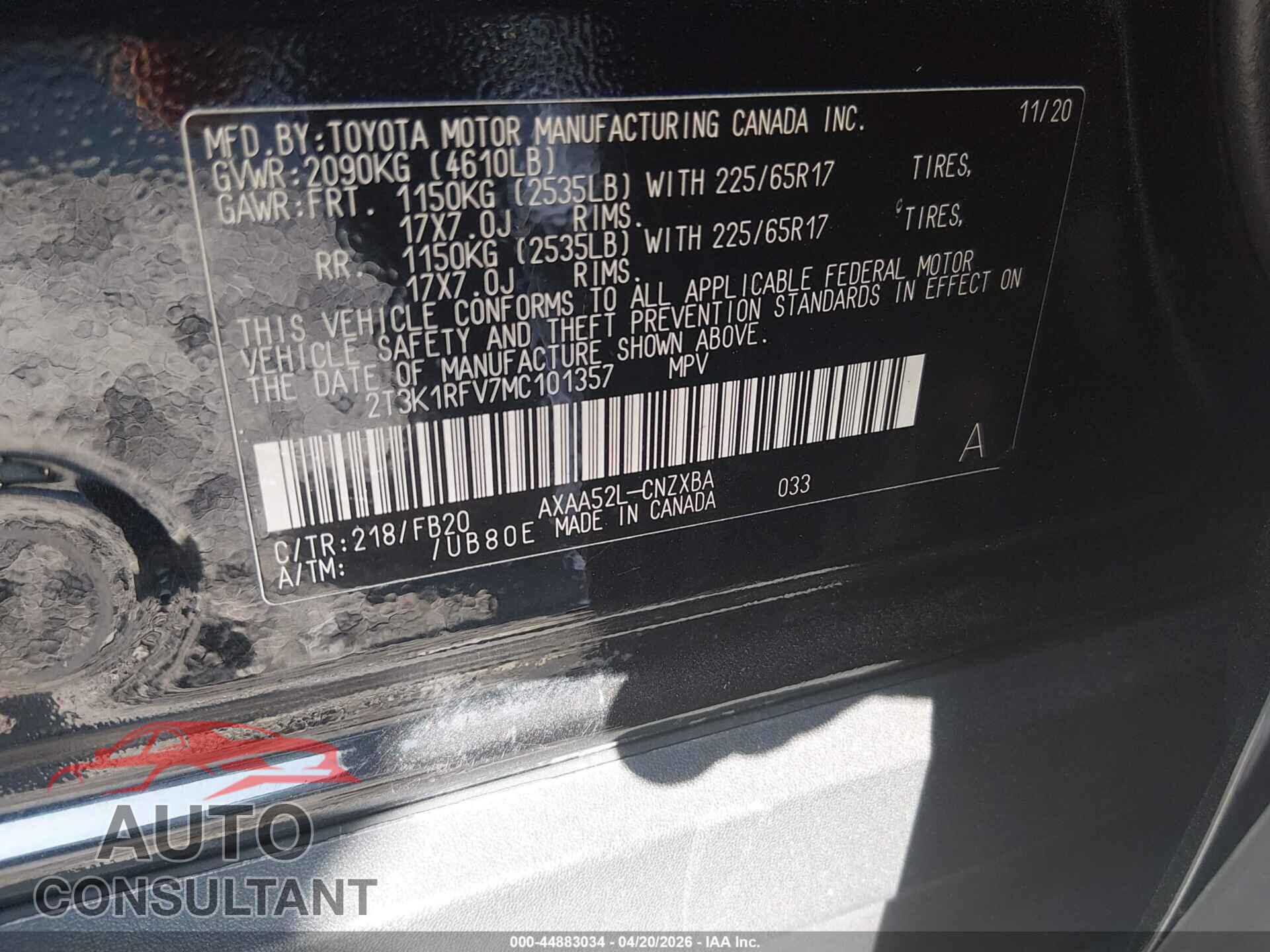 TOYOTA RAV4 2021 - 2T3K1RFV7MC101357