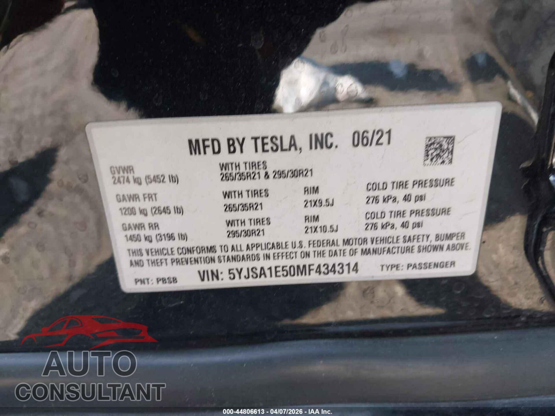 TESLA MODEL S 2021 - 5YJSA1E50MF434314