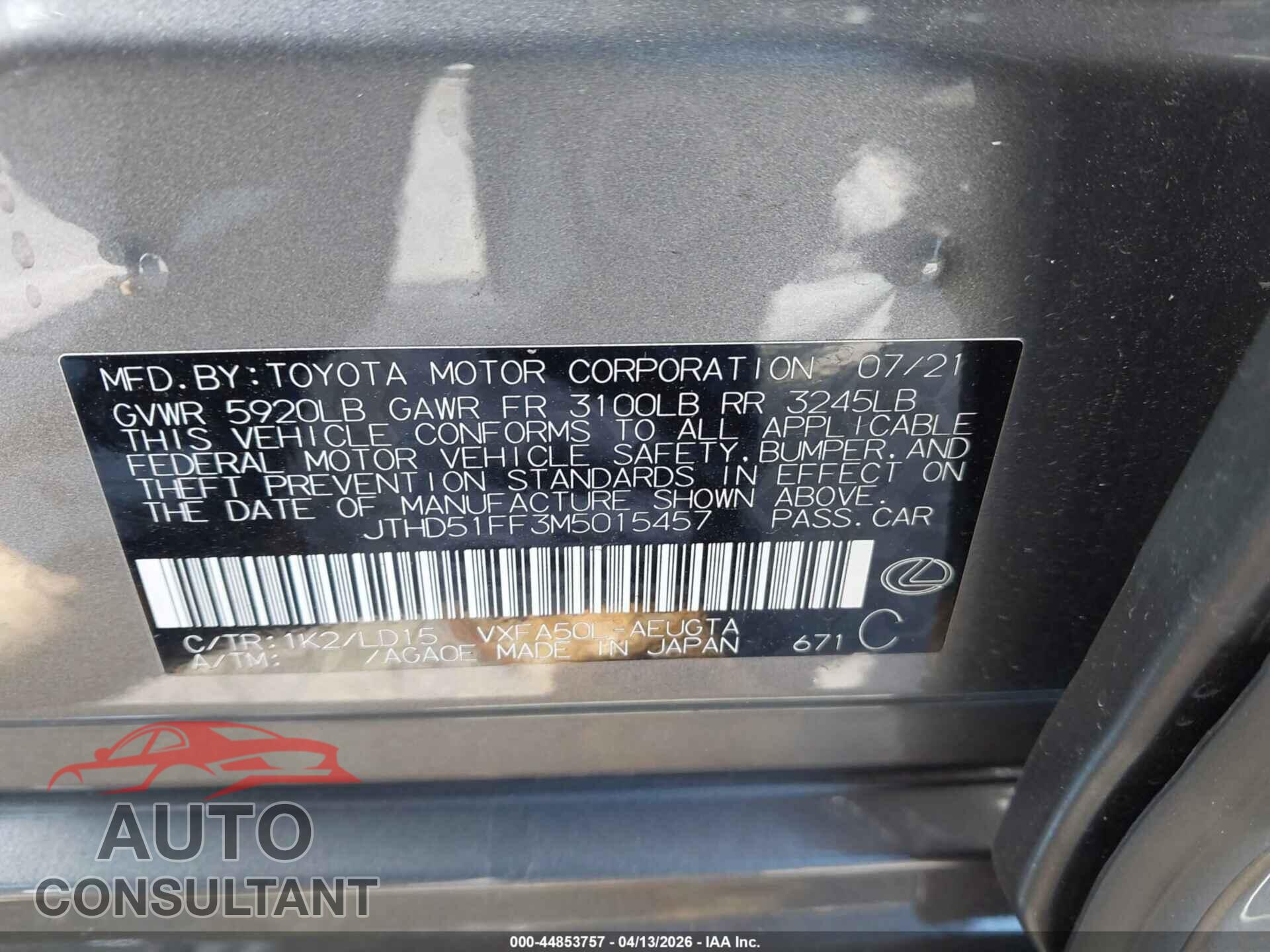 LEXUS LS 500 2021 - JTHD51FF3M5015457