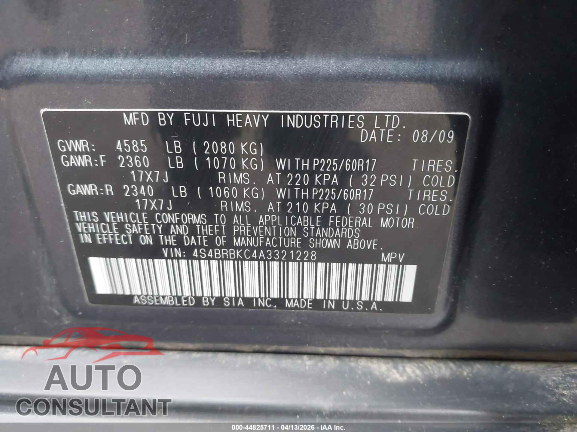SUBARU OUTBACK 2010 - 4S4BRBKC4A3321228