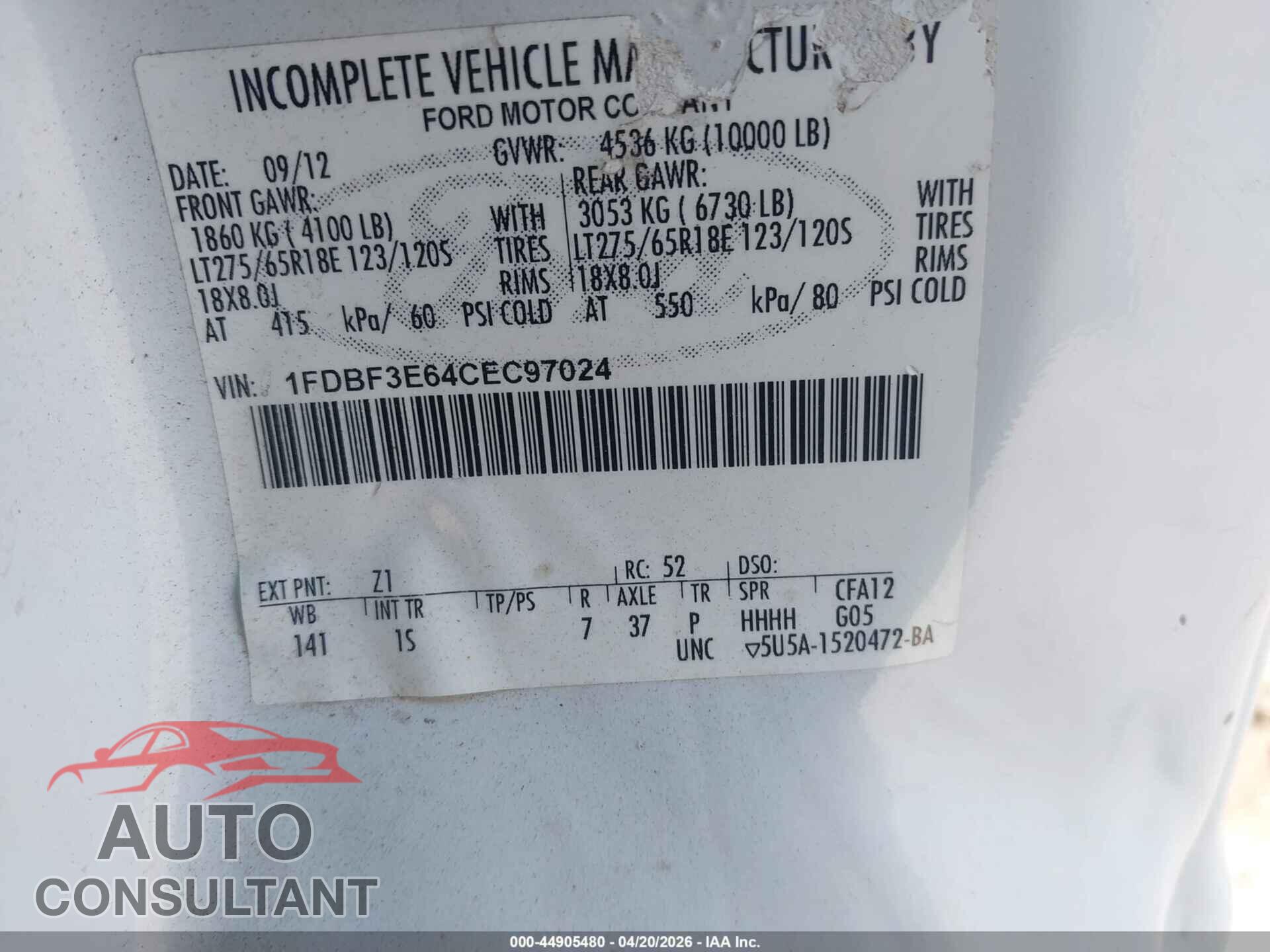FORD F-350 CHASSIS 2012 - 1FDBF3E64CEC97024