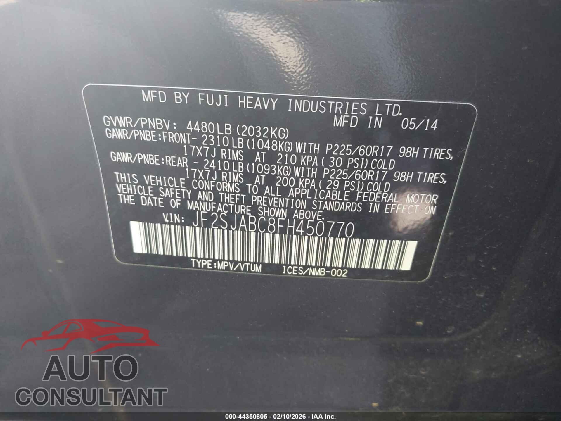 SUBARU FORESTER 2015 - JF2SJABC8FH450770