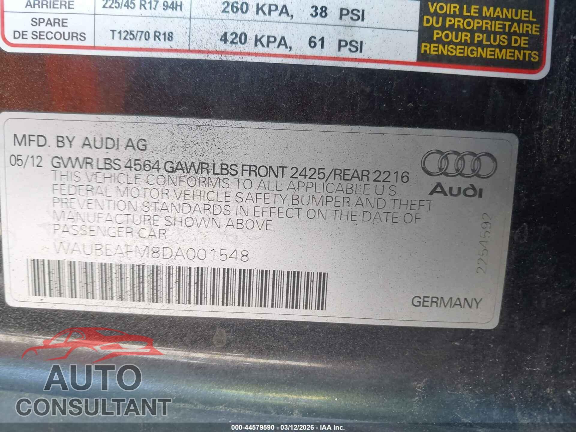 AUDI A3 2013 - WAUBEAFM8DA001548