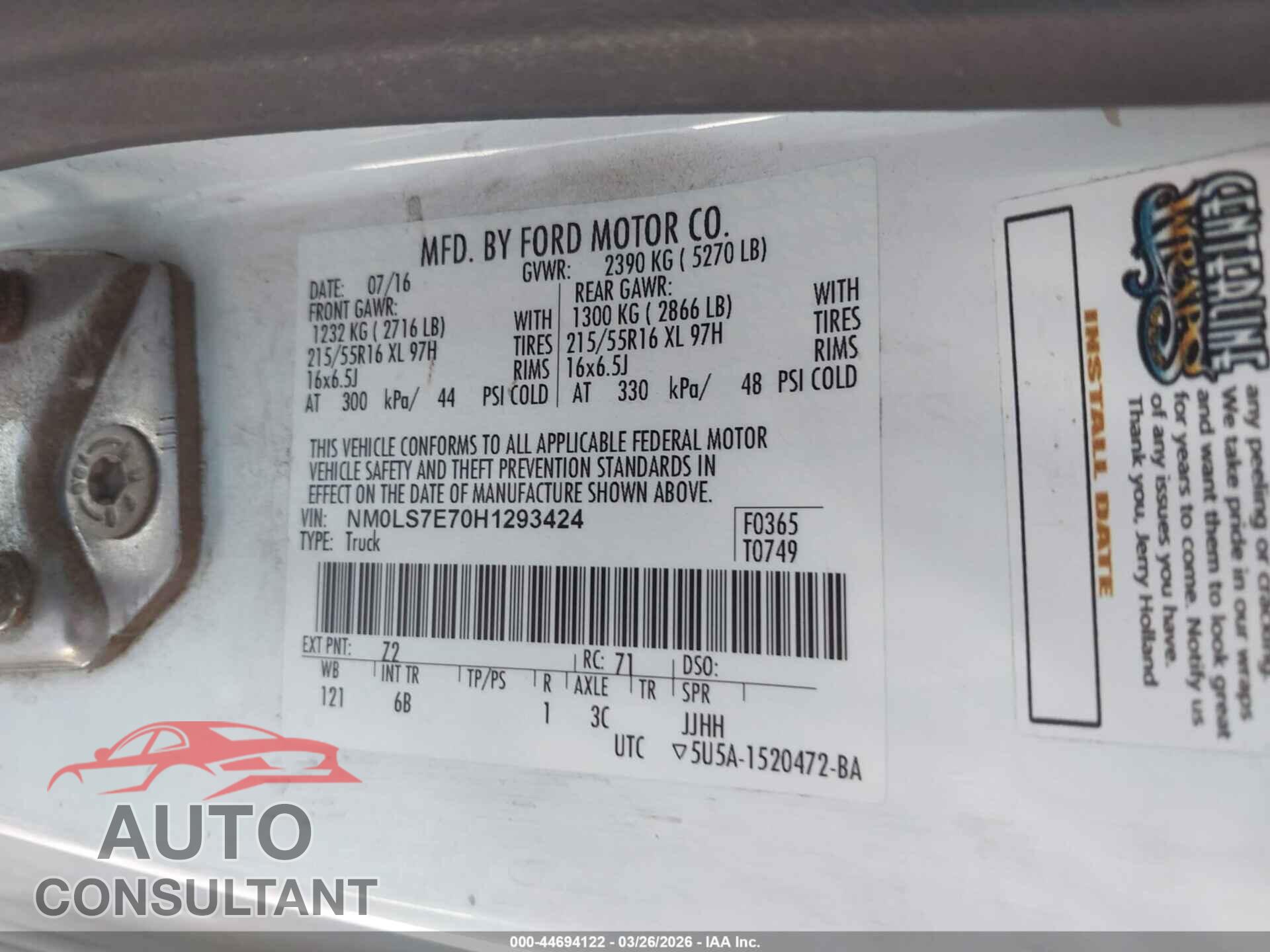FORD TRANSIT CONNECT 2017 - NM0LS7E70H1293424