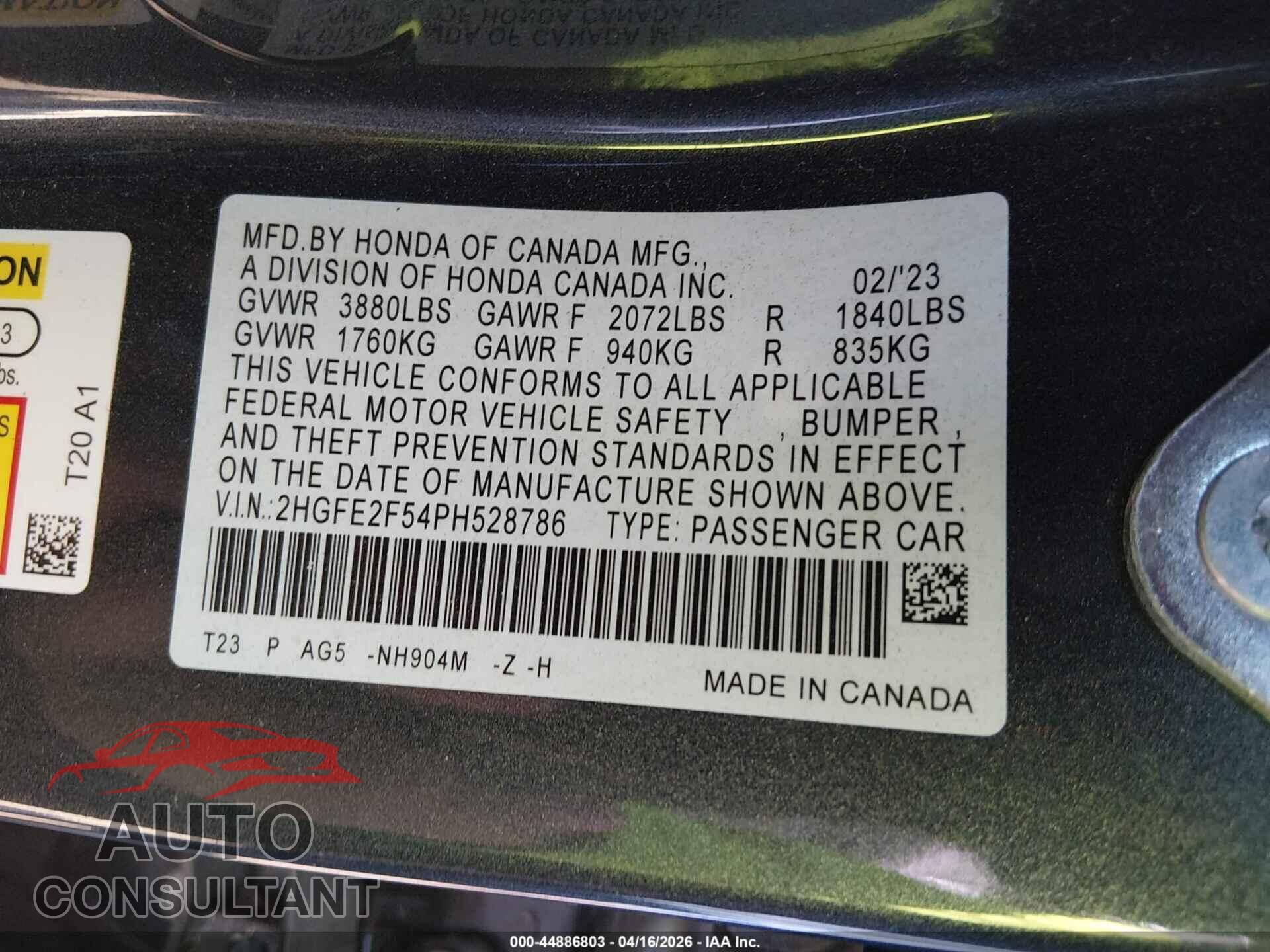 HONDA CIVIC 2023 - 2HGFE2F54PH528786
