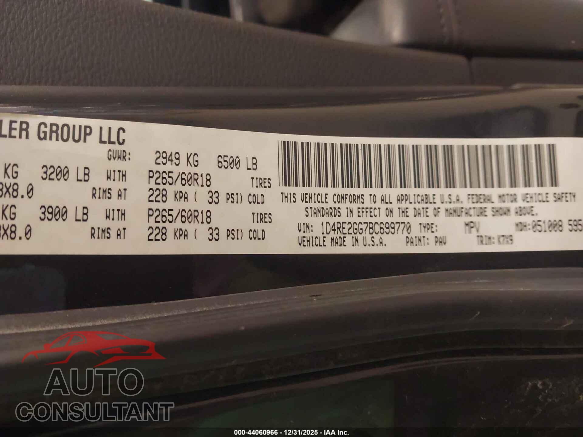 DODGE DURANGO 2011 - 1D4RE2GG7BC699770