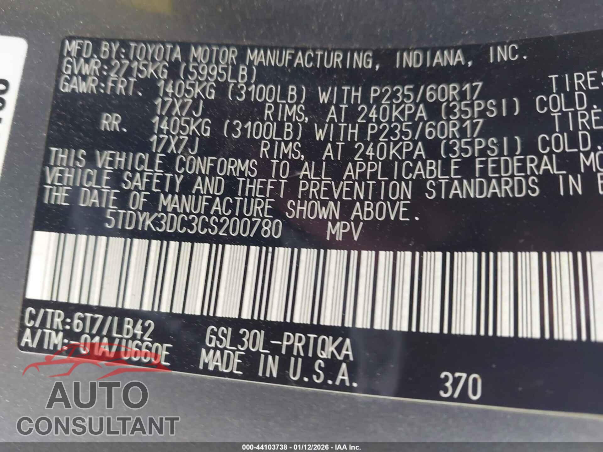 TOYOTA SIENNA 2012 - 5TDYK3DC3CS200780