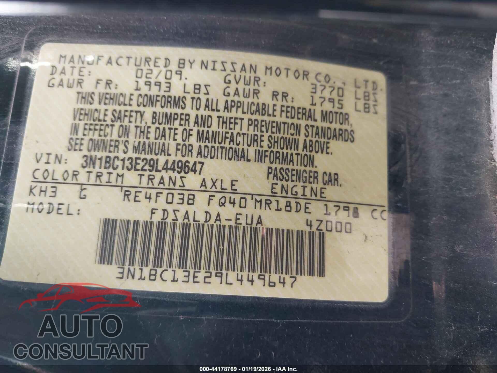 NISSAN VERSA 2009 - 3N1BC13E29L449647