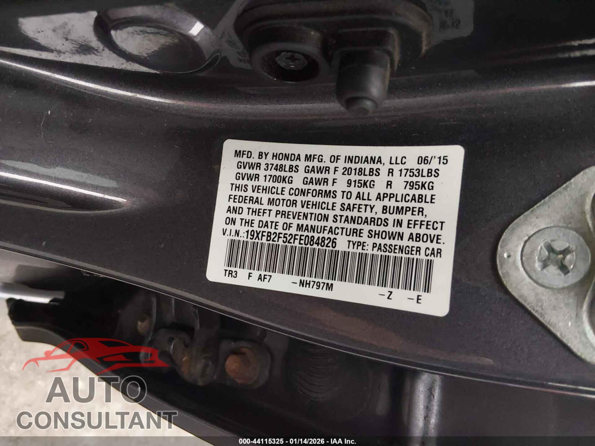 HONDA CIVIC 2015 - 19XFB2F52FE084826