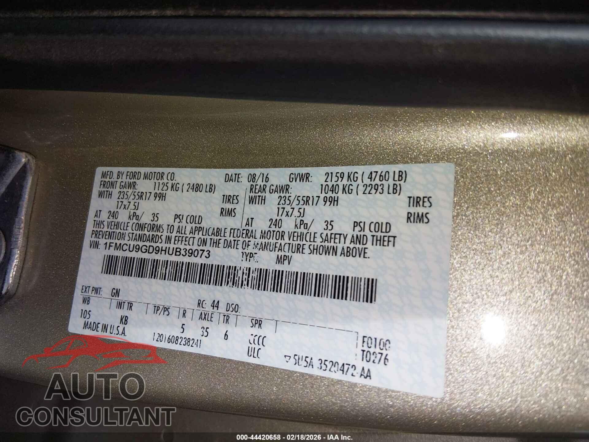 FORD ESCAPE 2017 - 1FMCU9GD9HUB39073