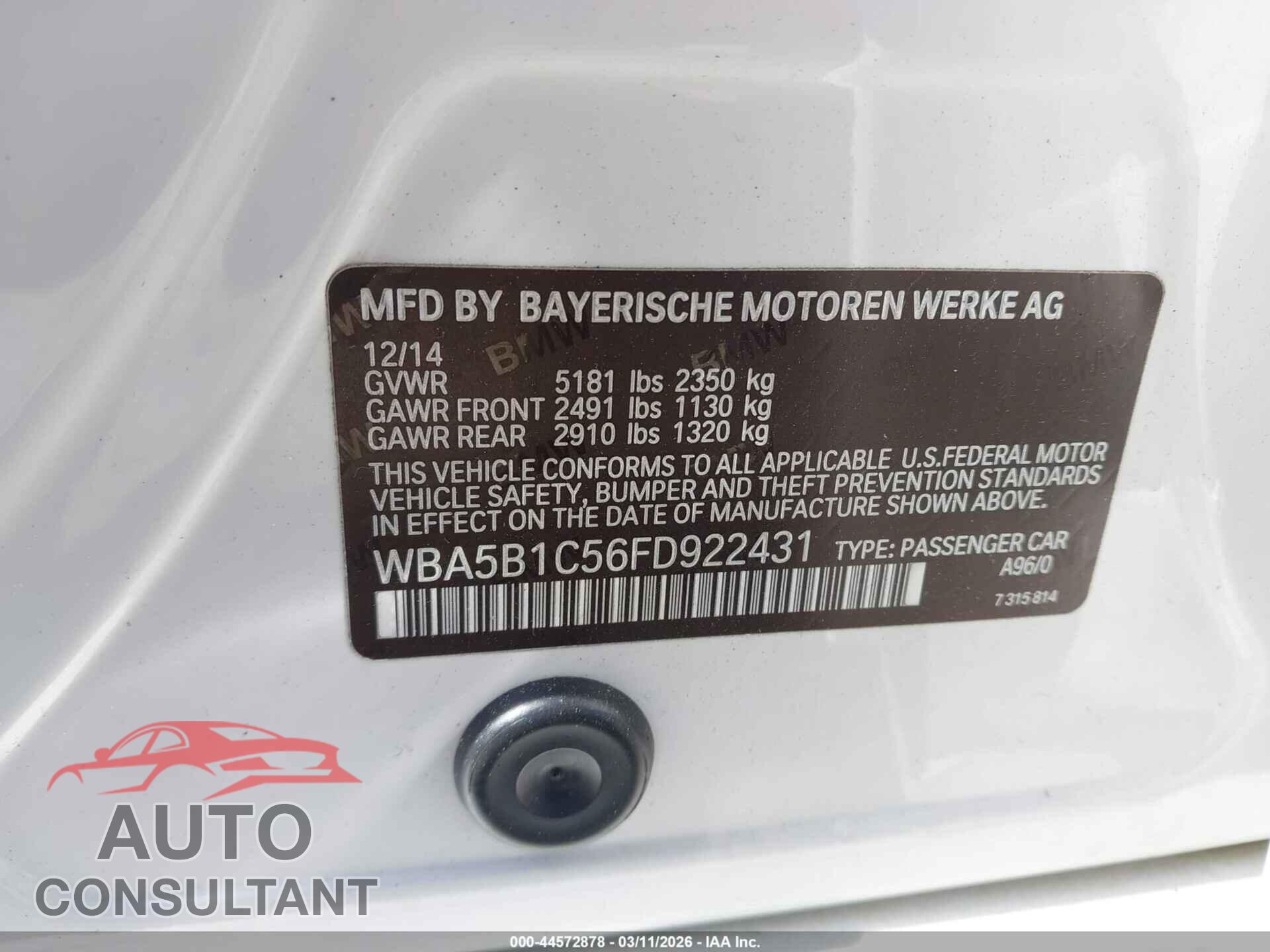 BMW 535I 2015 - WBA5B1C56FD922431