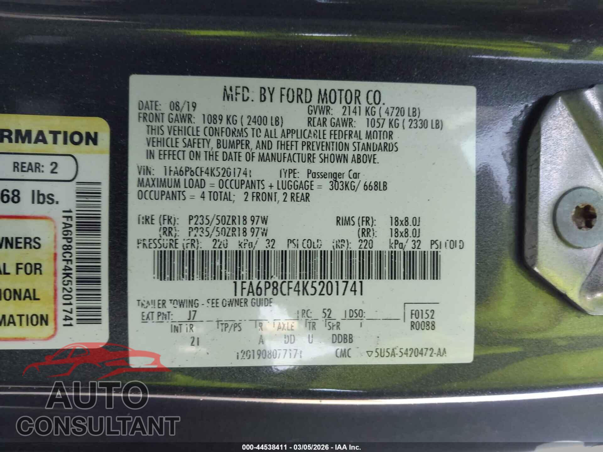 FORD MUSTANG 2019 - 1FA6P8CF4K5201741