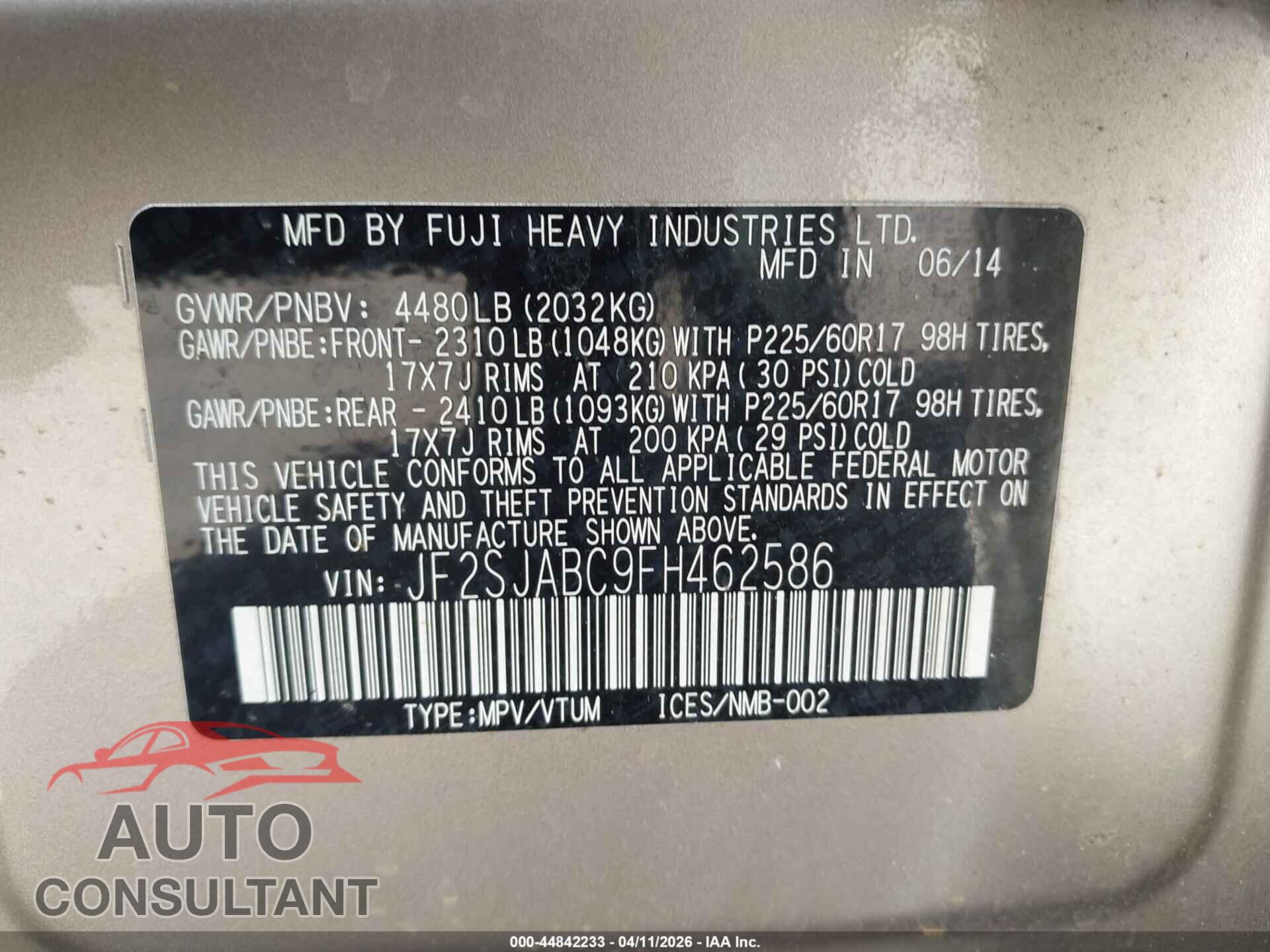 SUBARU FORESTER 2015 - JF2SJABC9FH462586