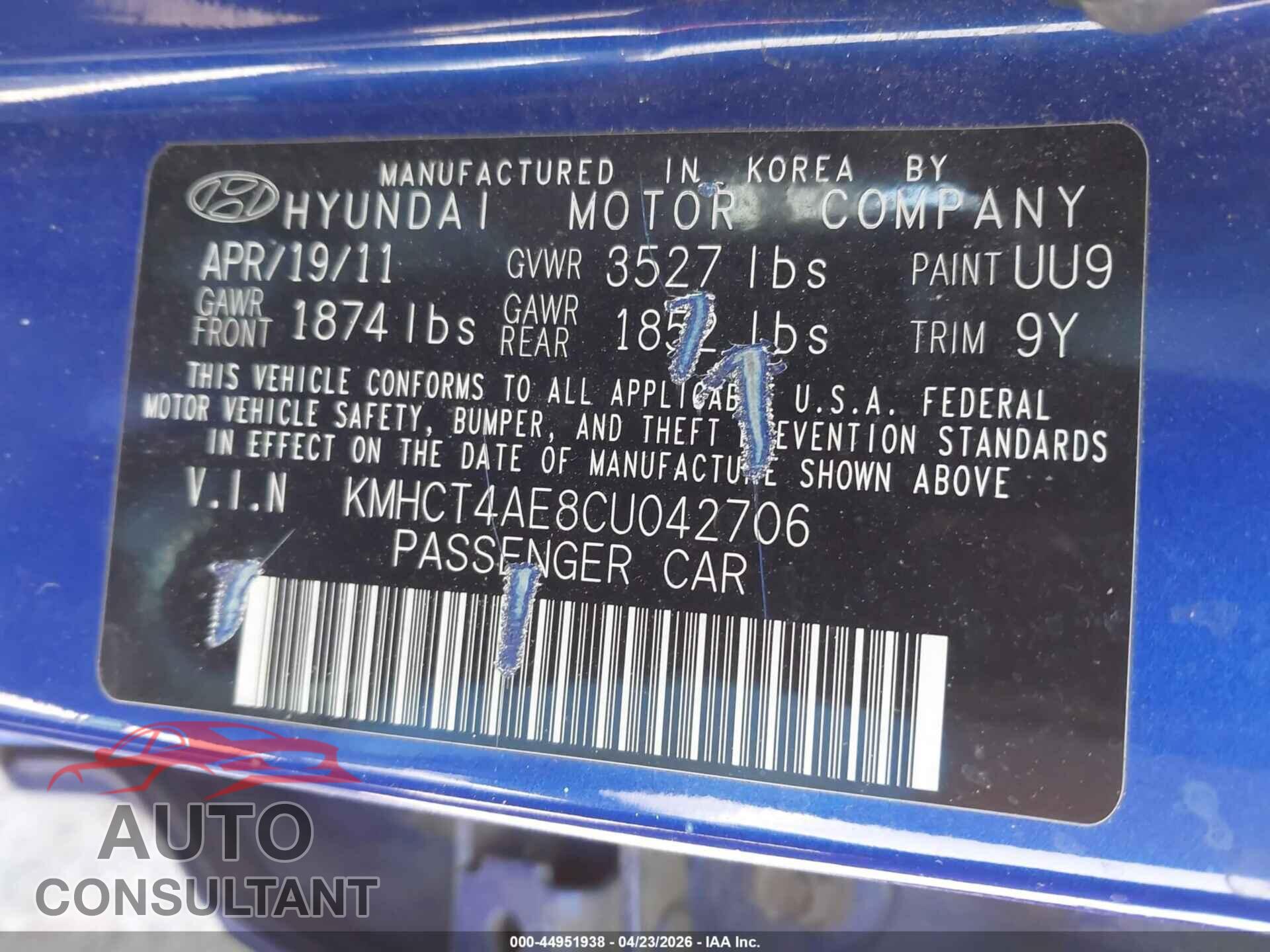 HYUNDAI ACCENT 2012 - KMHCT4AE8CU042706