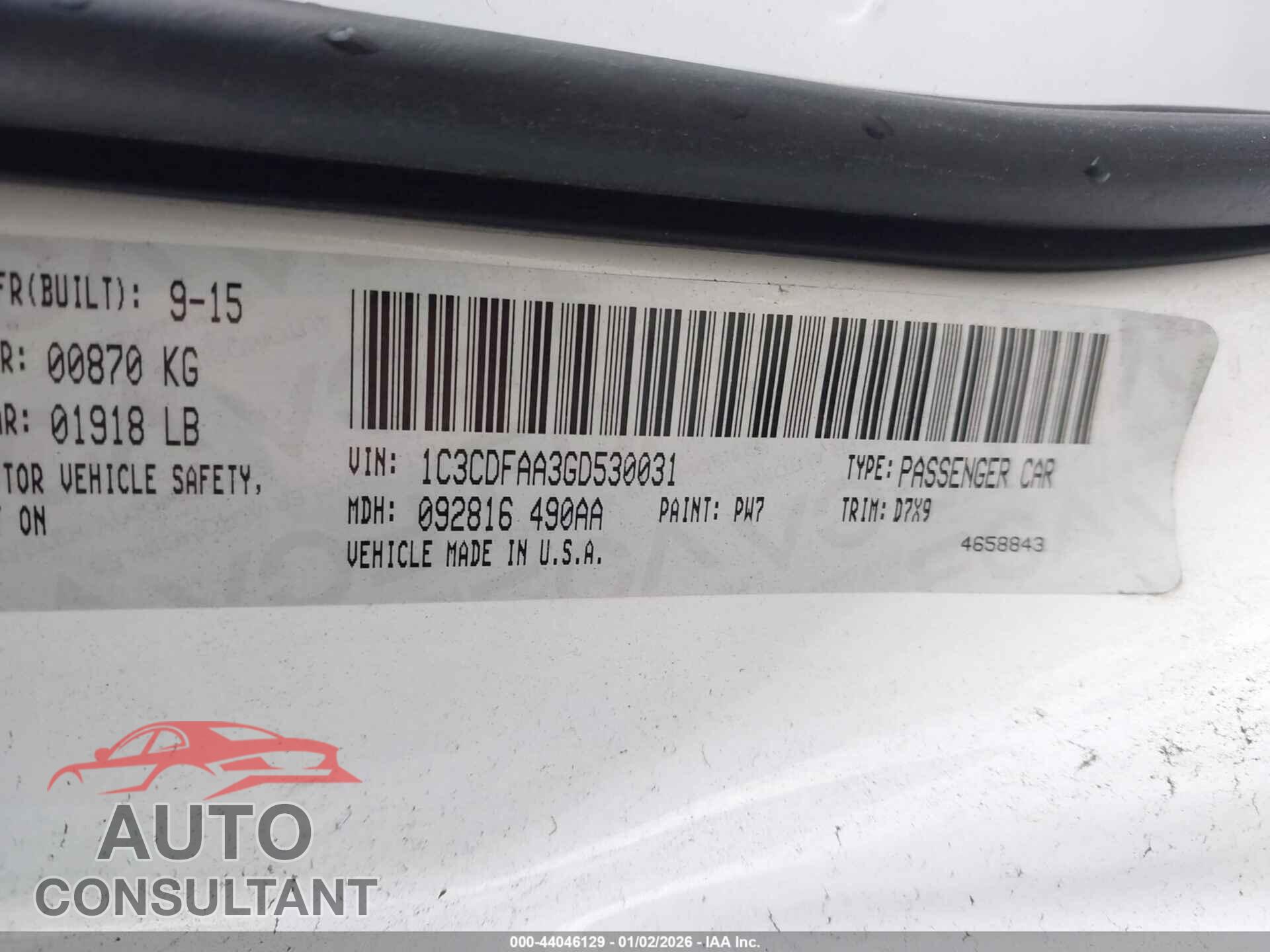 DODGE DART 2016 - 1C3CDFAA3GD530031