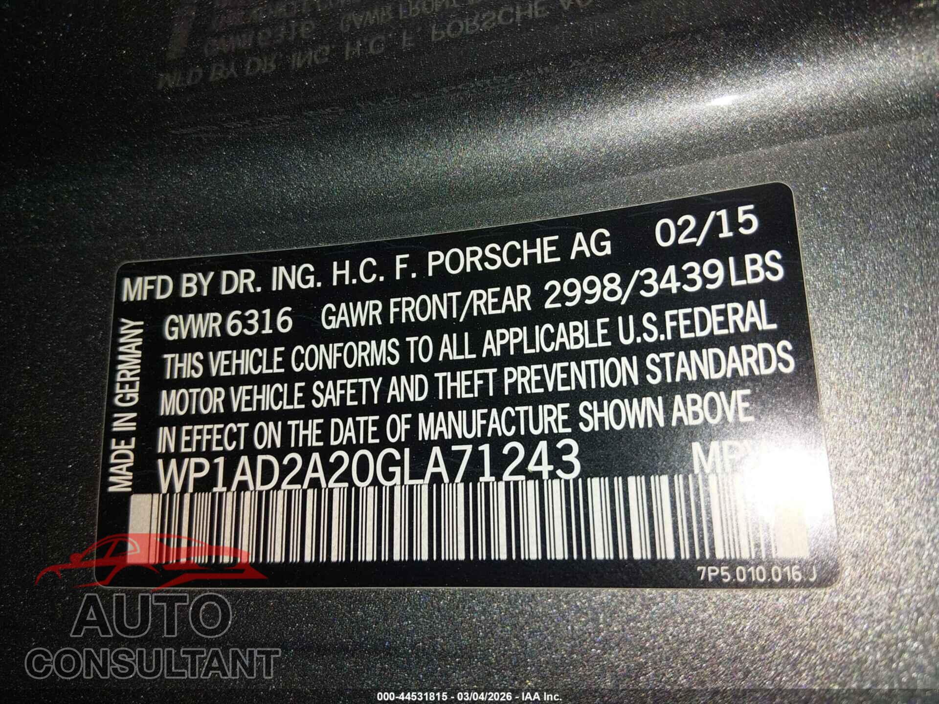 PORSCHE CAYENNE 2016 - WP1AD2A20GLA71243