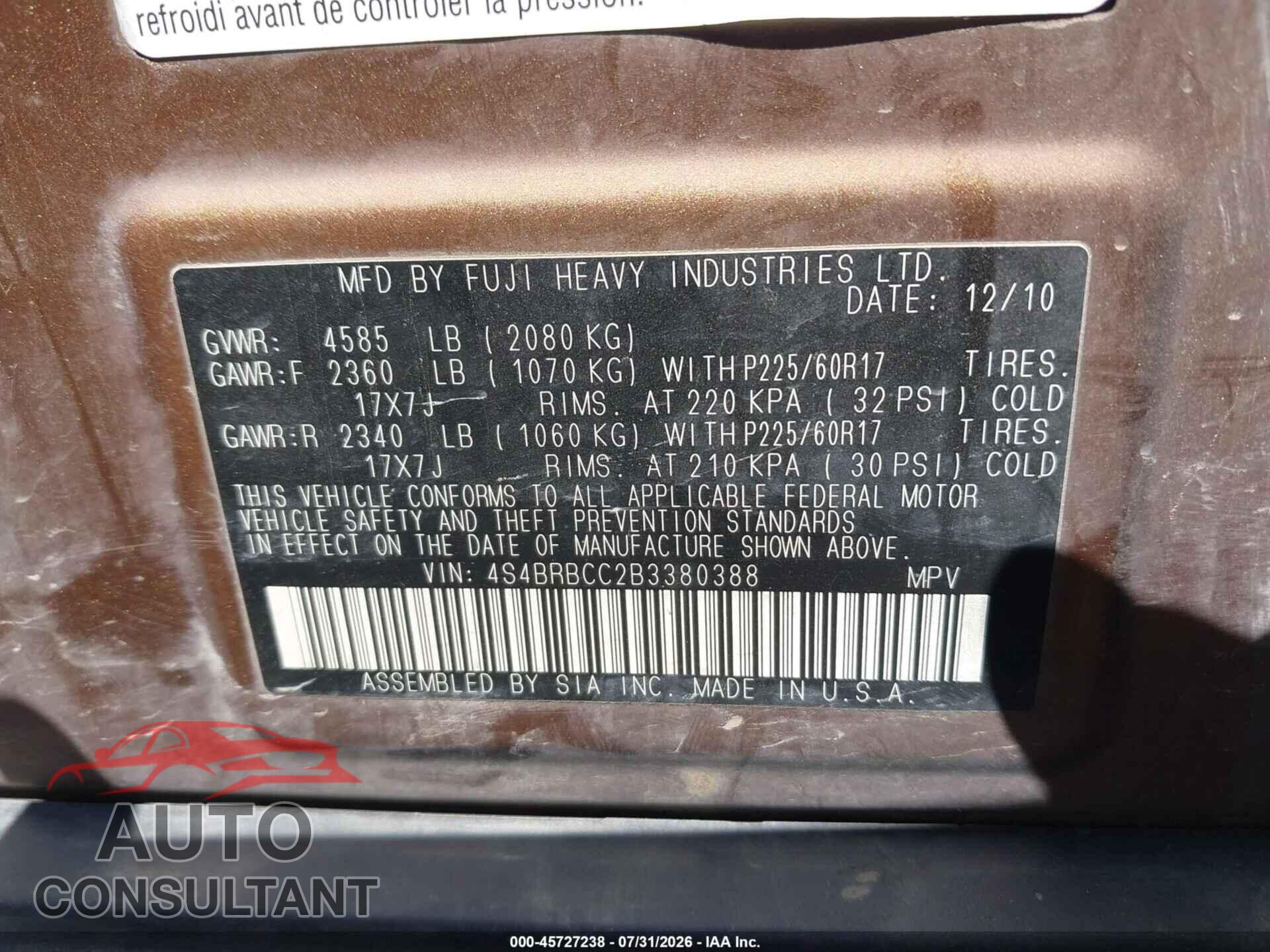 SUBARU OUTBACK 2011 - 4S4BRBCC2B3380388