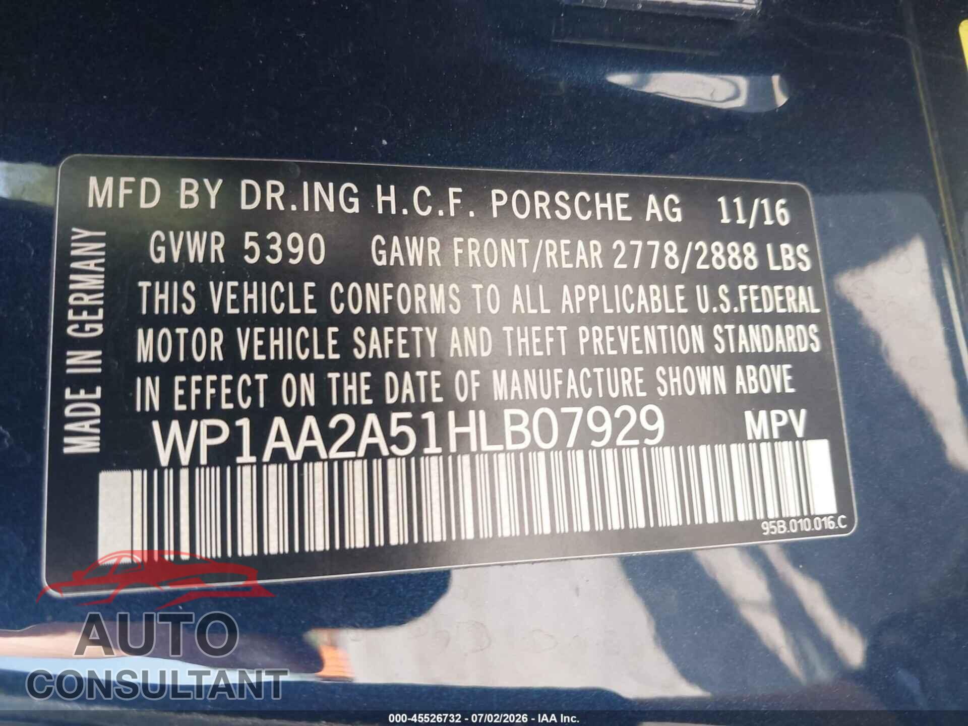 PORSCHE MACAN 2017 - WP1AA2A51HLB07929