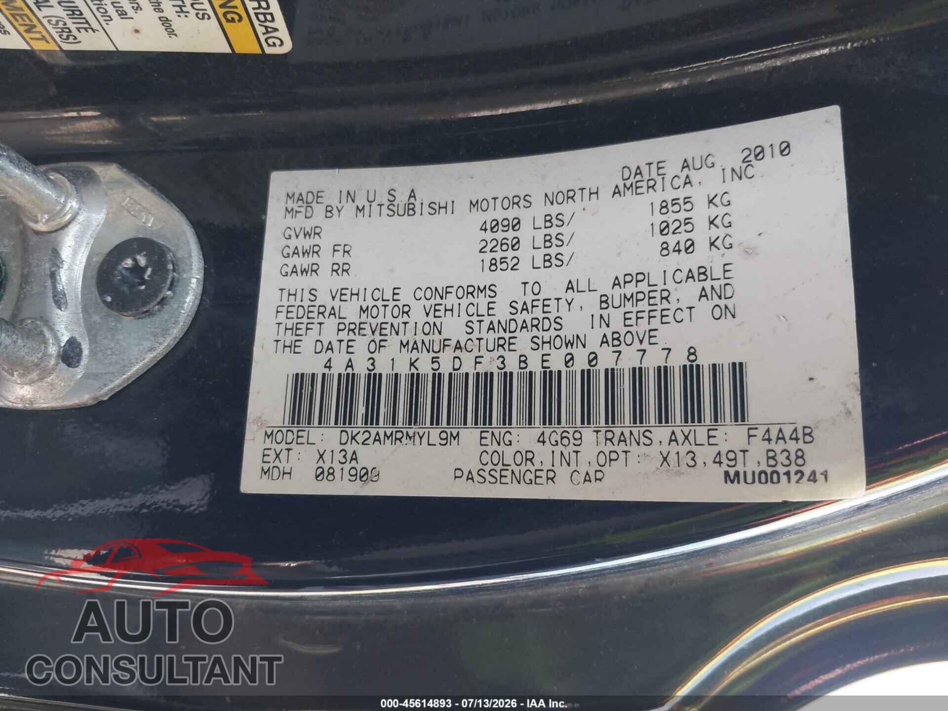 MITSUBISHI ECLIPSE 2011 - 4A31K5DF3BE007778