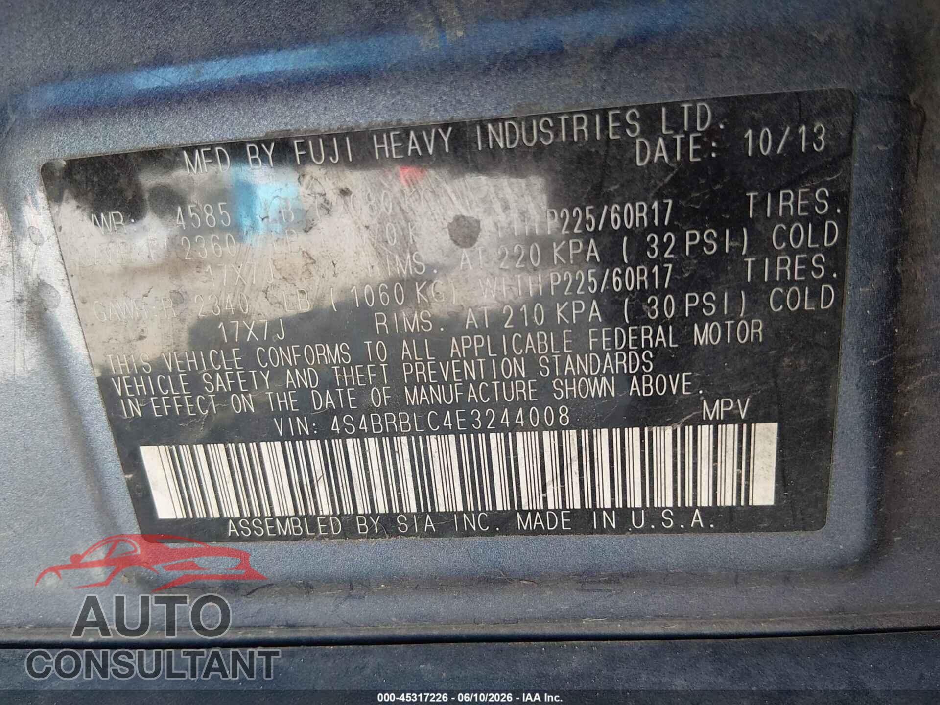 SUBARU OUTBACK 2014 - 4S4BRBLC4E3244008