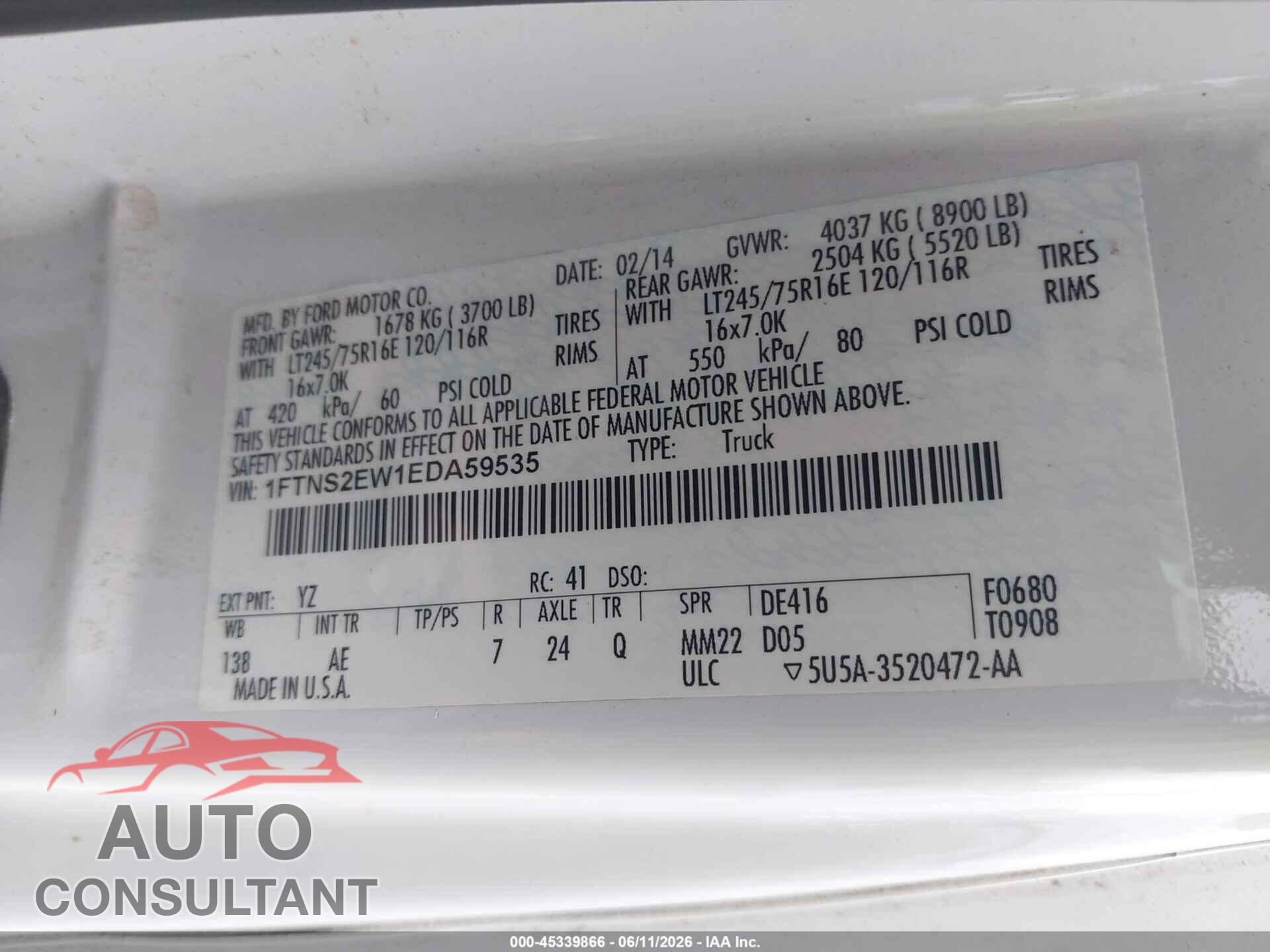 FORD E-250 2014 - 1FTNS2EW1EDA59535