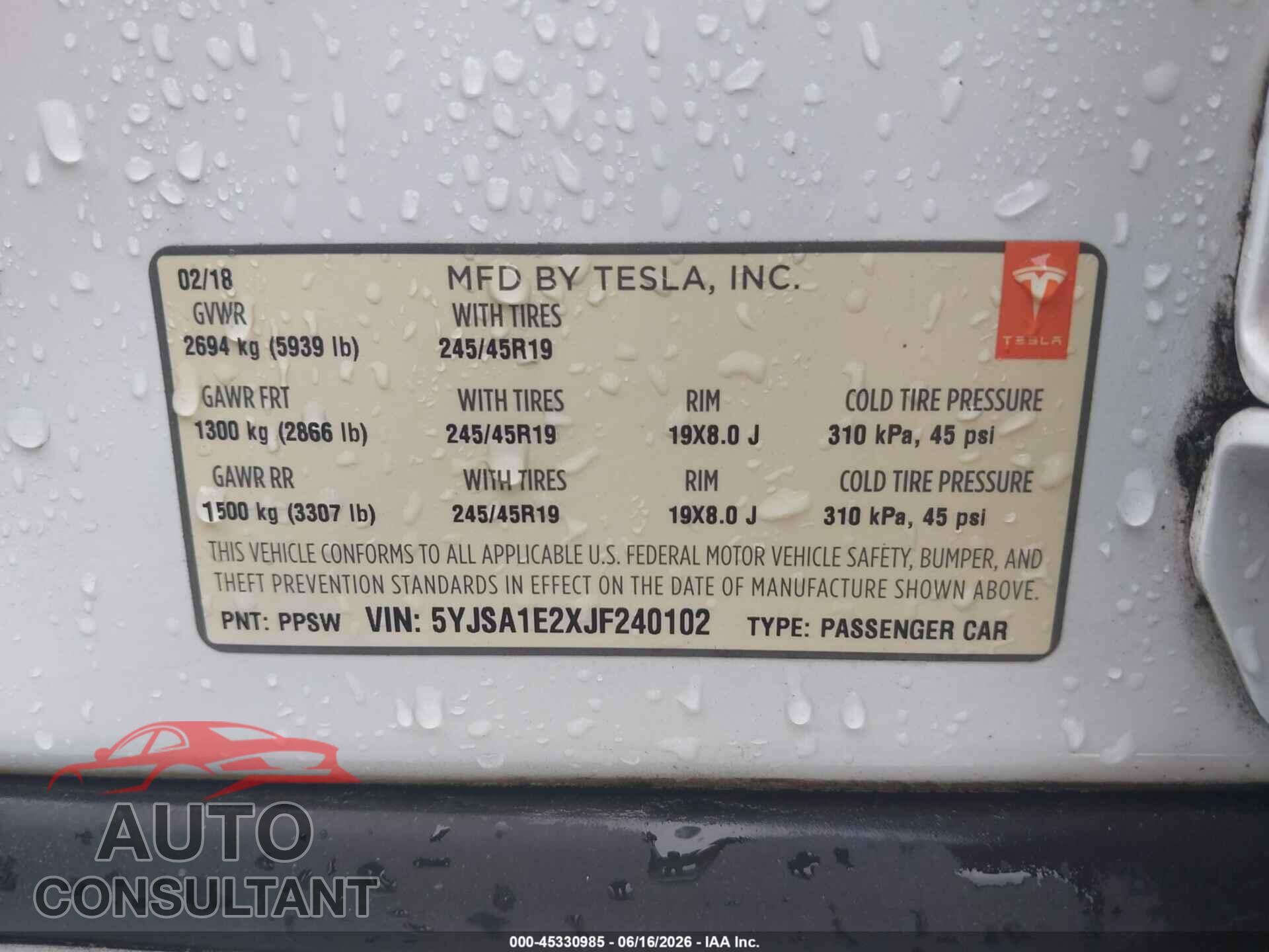 TESLA MODEL S 2018 - 5YJSA1E2XJF240102
