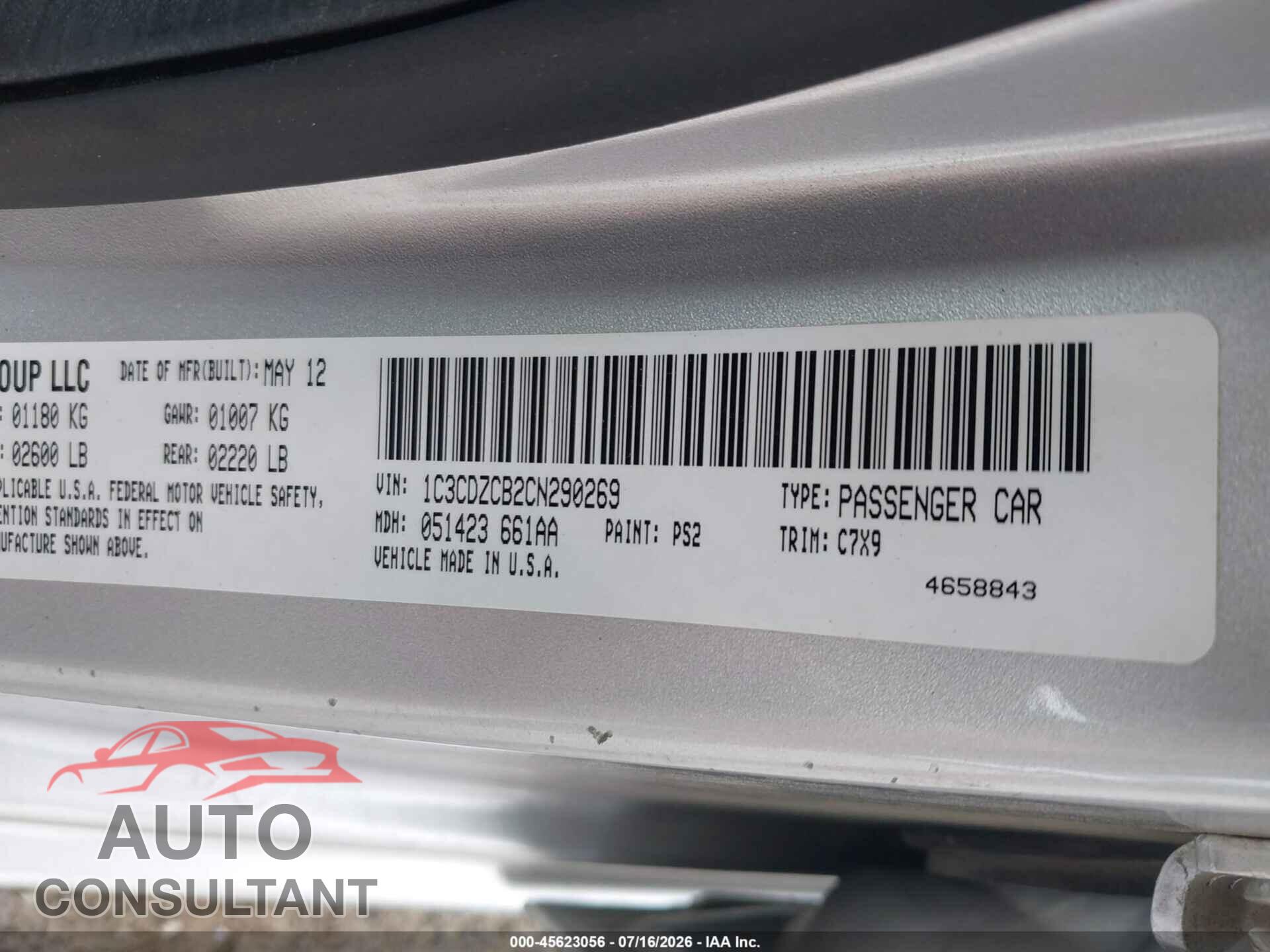 DODGE AVENGER 2012 - 1C3CDZCB2CN290269