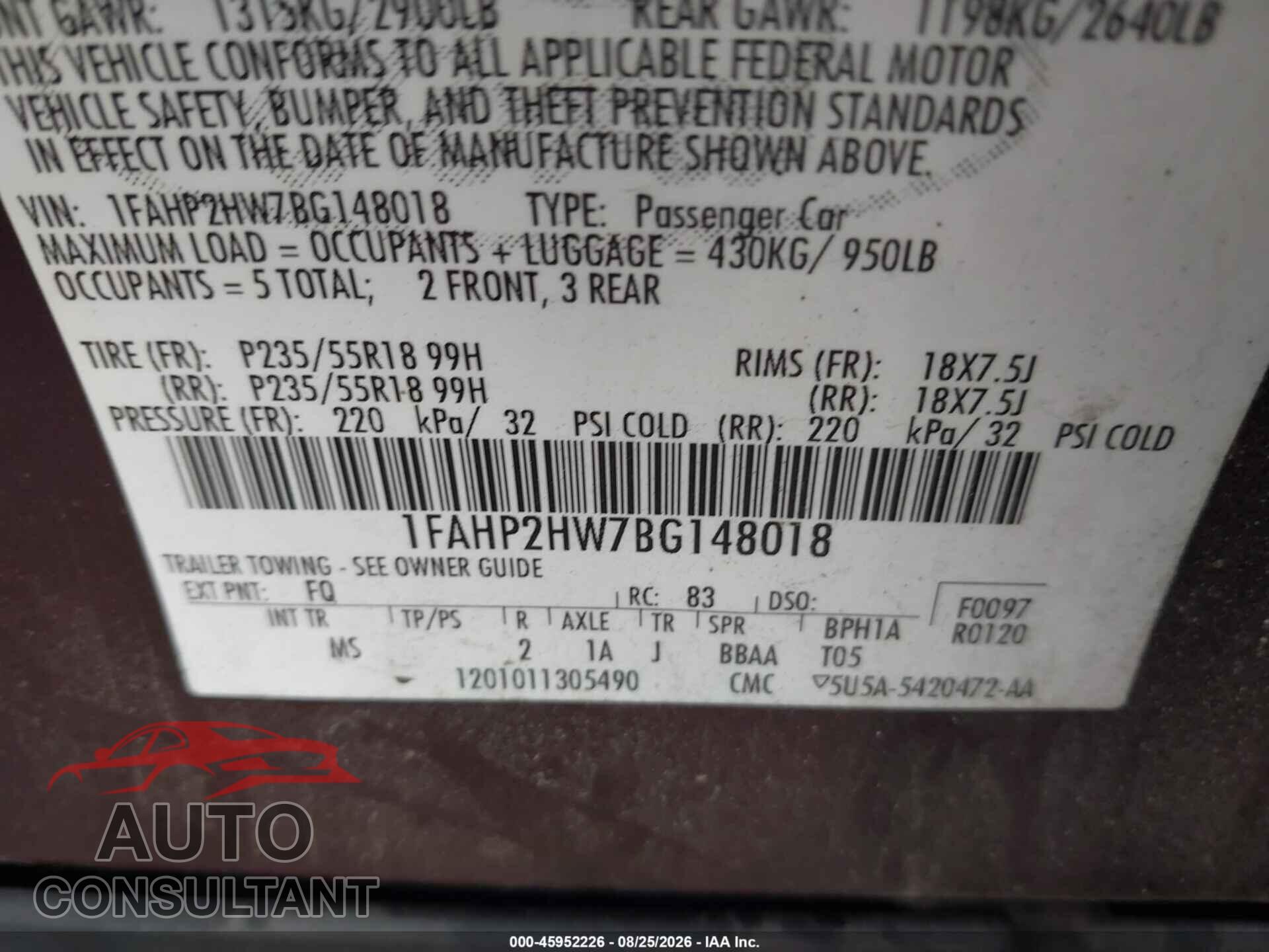FORD TAURUS 2011 - 1FAHP2HW7BG148018