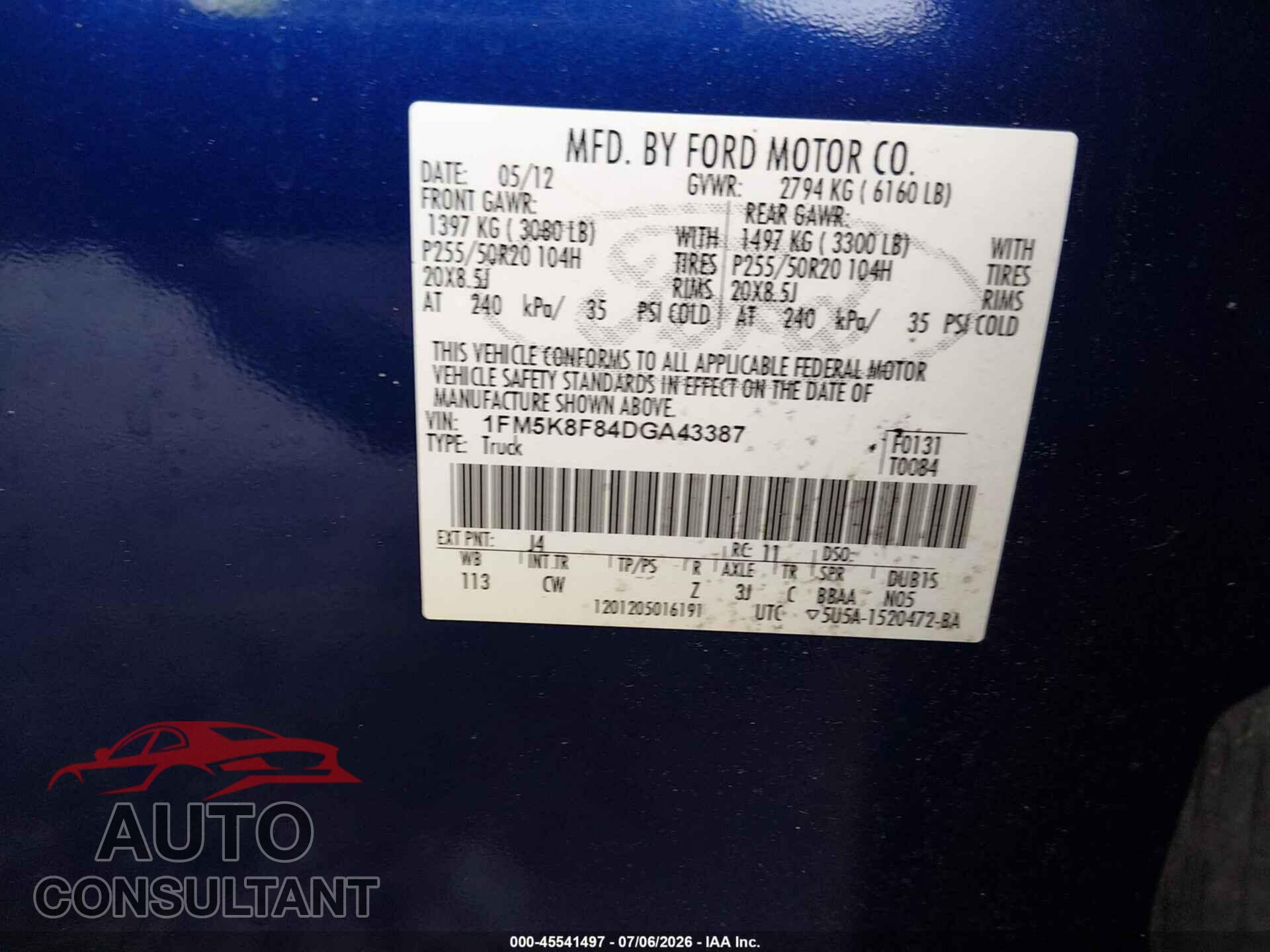FORD EXPLORER 2013 - 1FM5K8F84DGA43387