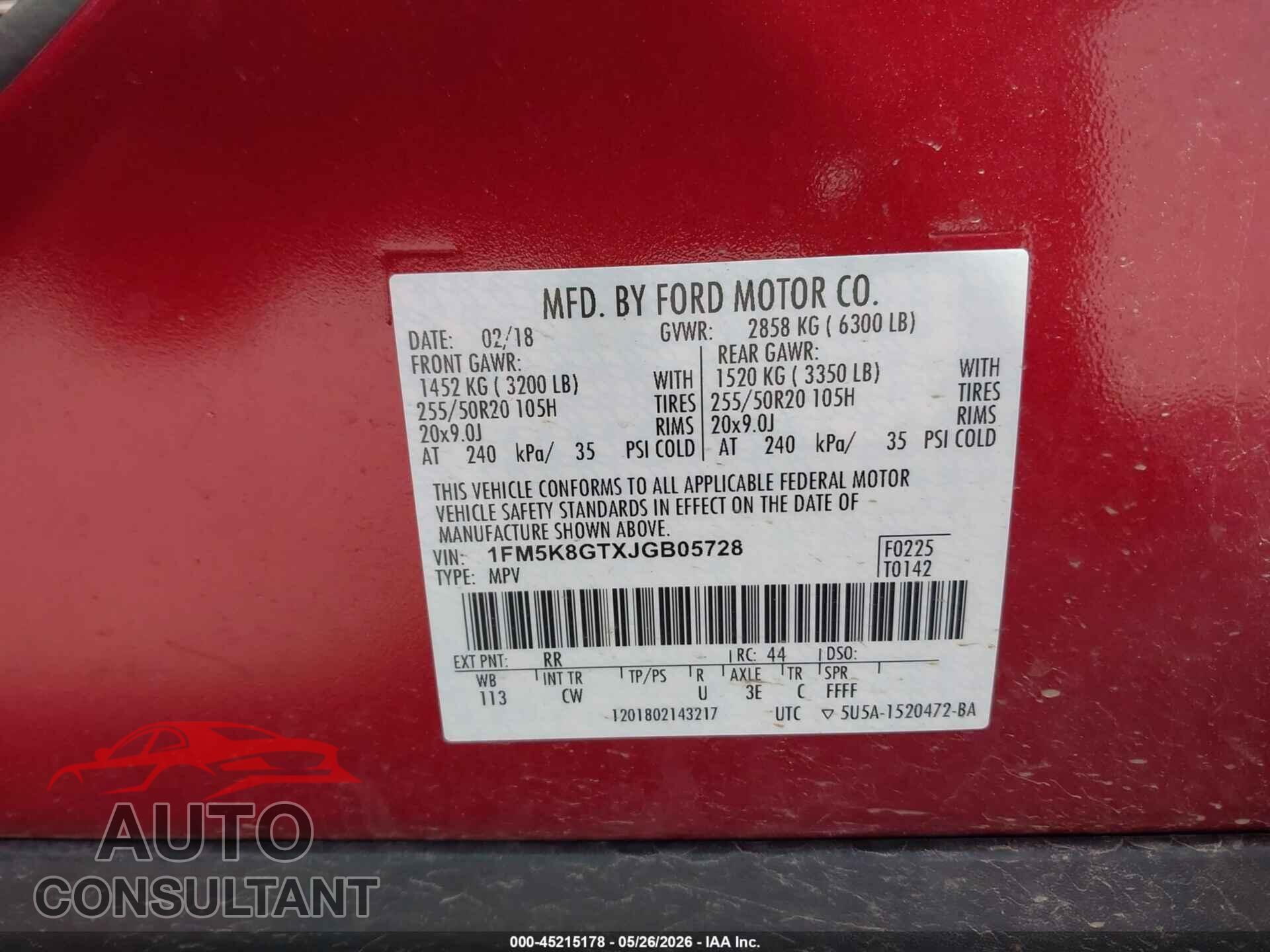 FORD EXPLORER 2018 - 1FM5K8GTXJGB05728