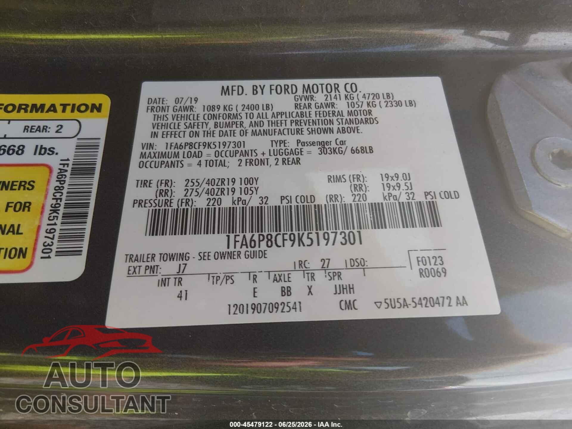 FORD MUSTANG 2019 - 1FA6P8CF9K5197301