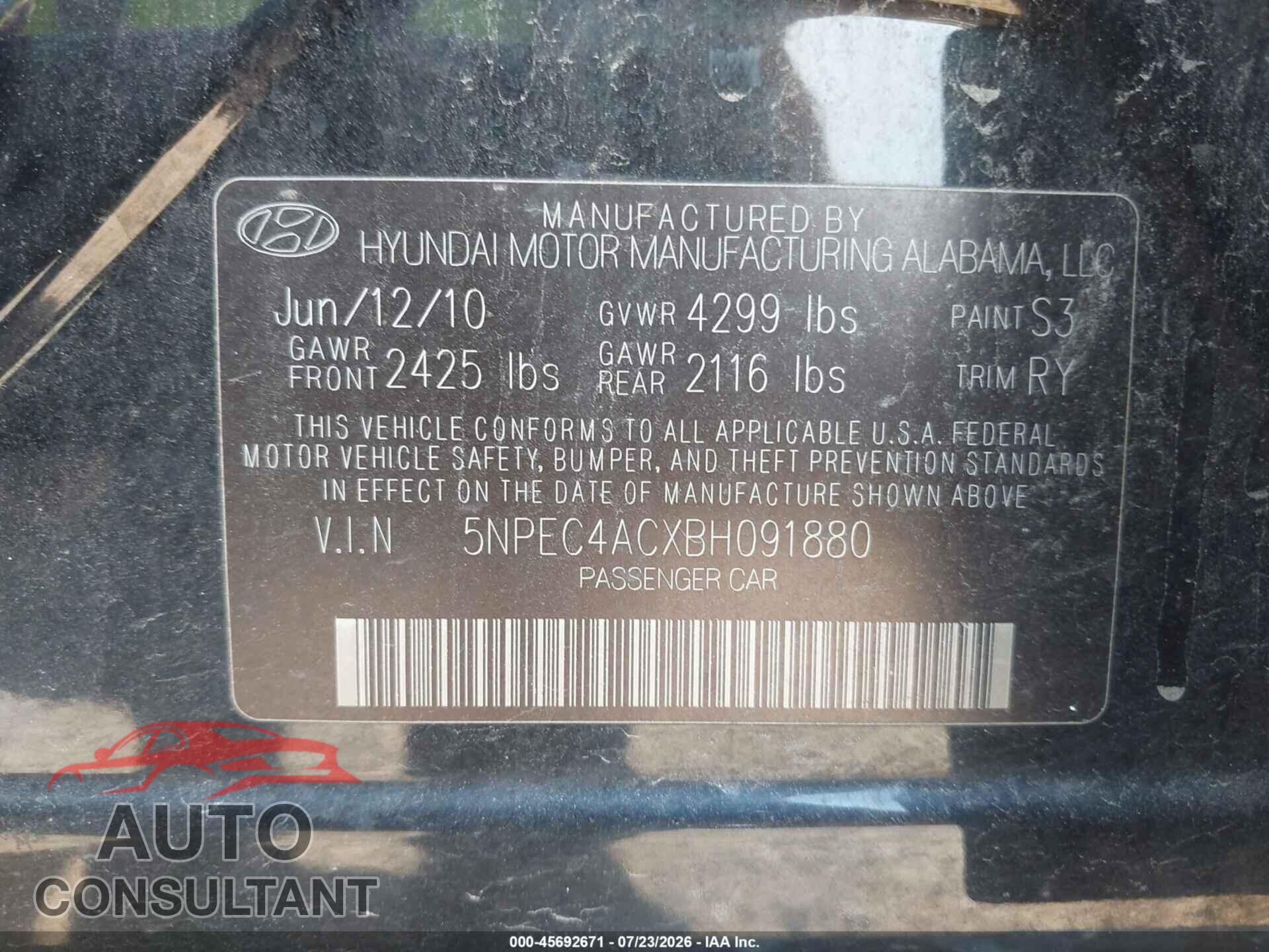 HYUNDAI SONATA 2011 - 5NPEC4ACXBH091880