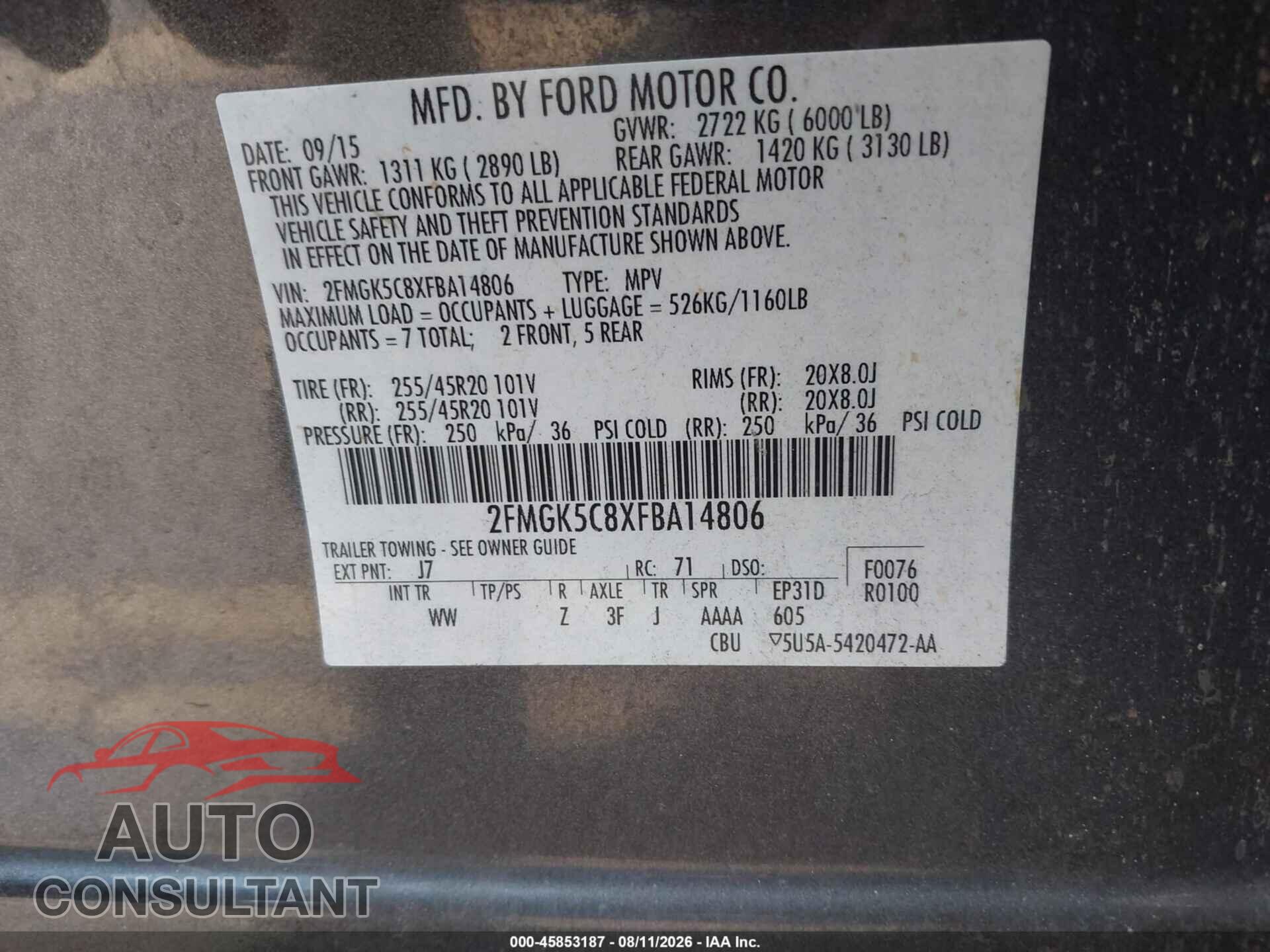 FORD FLEX 2015 - 2FMGK5C8XFBA14806