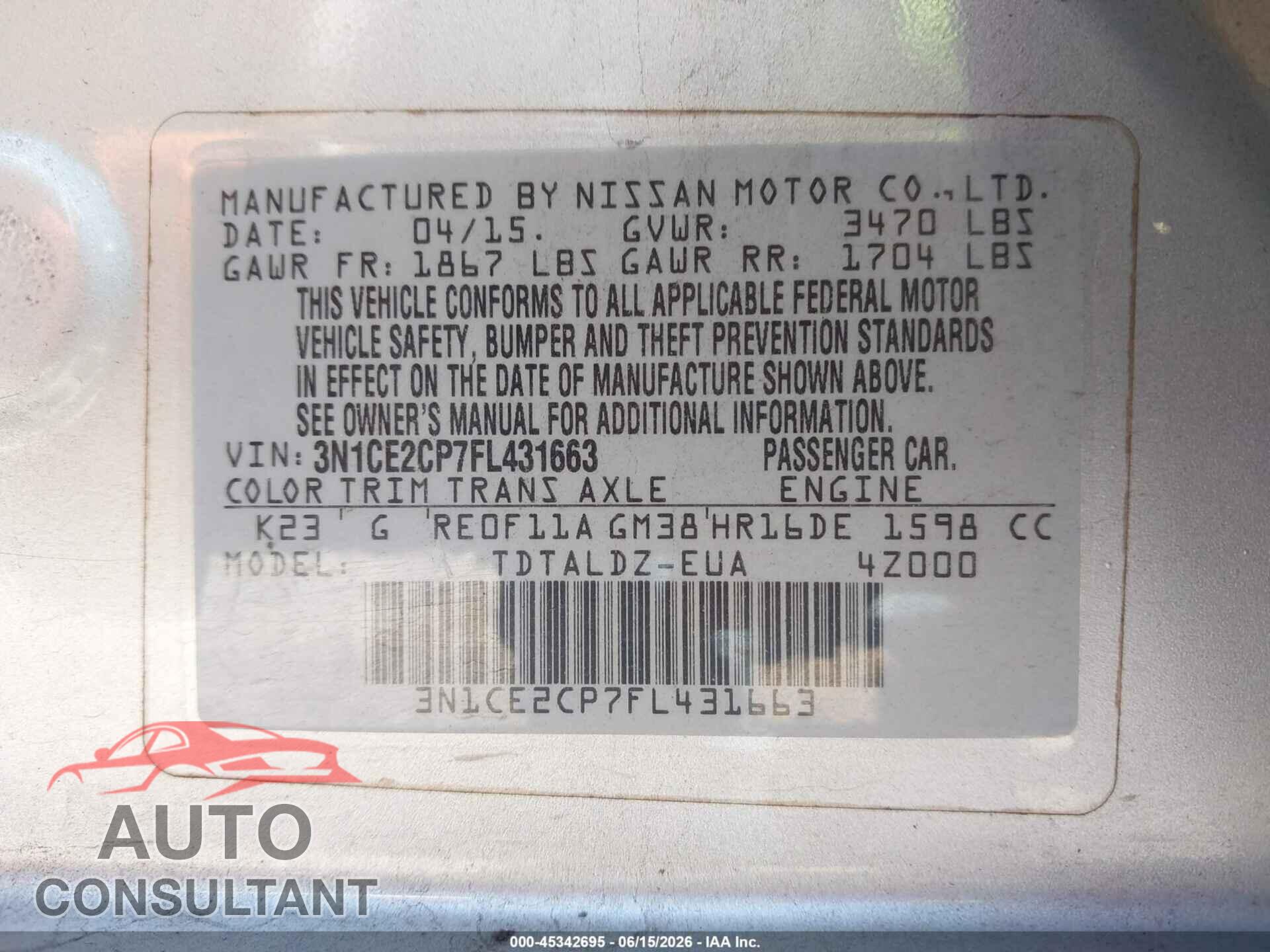 NISSAN VERSA NOTE 2015 - 3N1CE2CP7FL431663