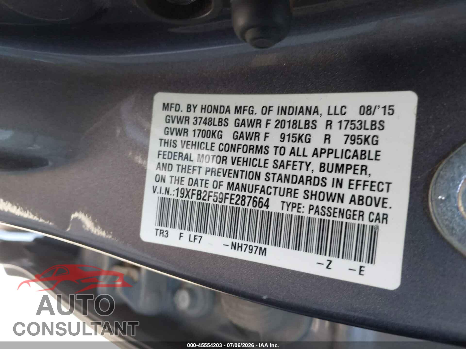 HONDA CIVIC 2015 - 19XFB2F59FE287664
