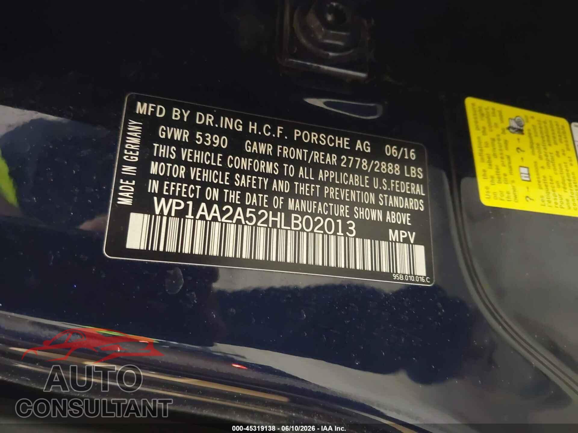 PORSCHE MACAN 2017 - WP1AA2A52HLB02013