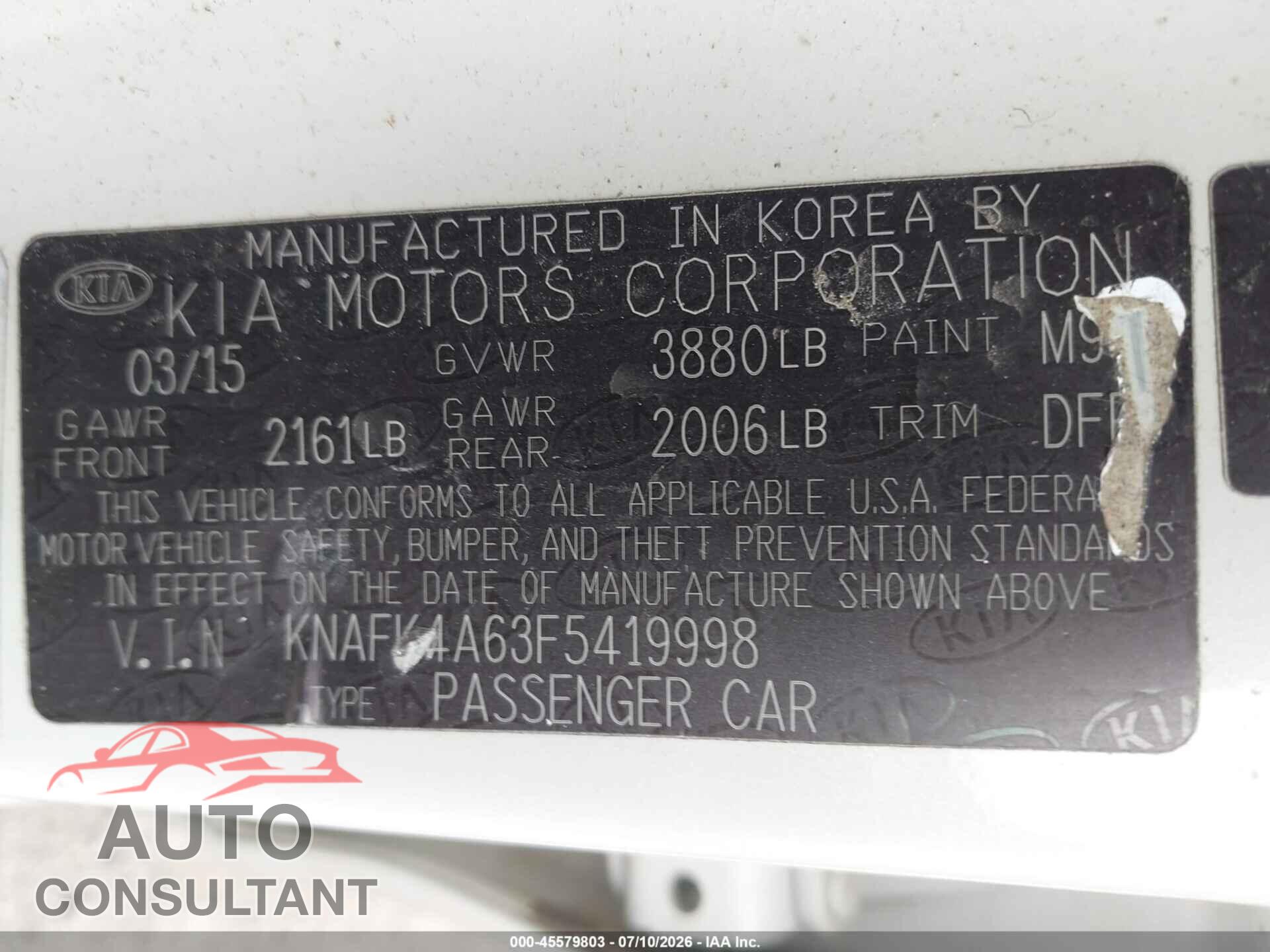 KIA FORTE 2015 - KNAFK4A63F5419998