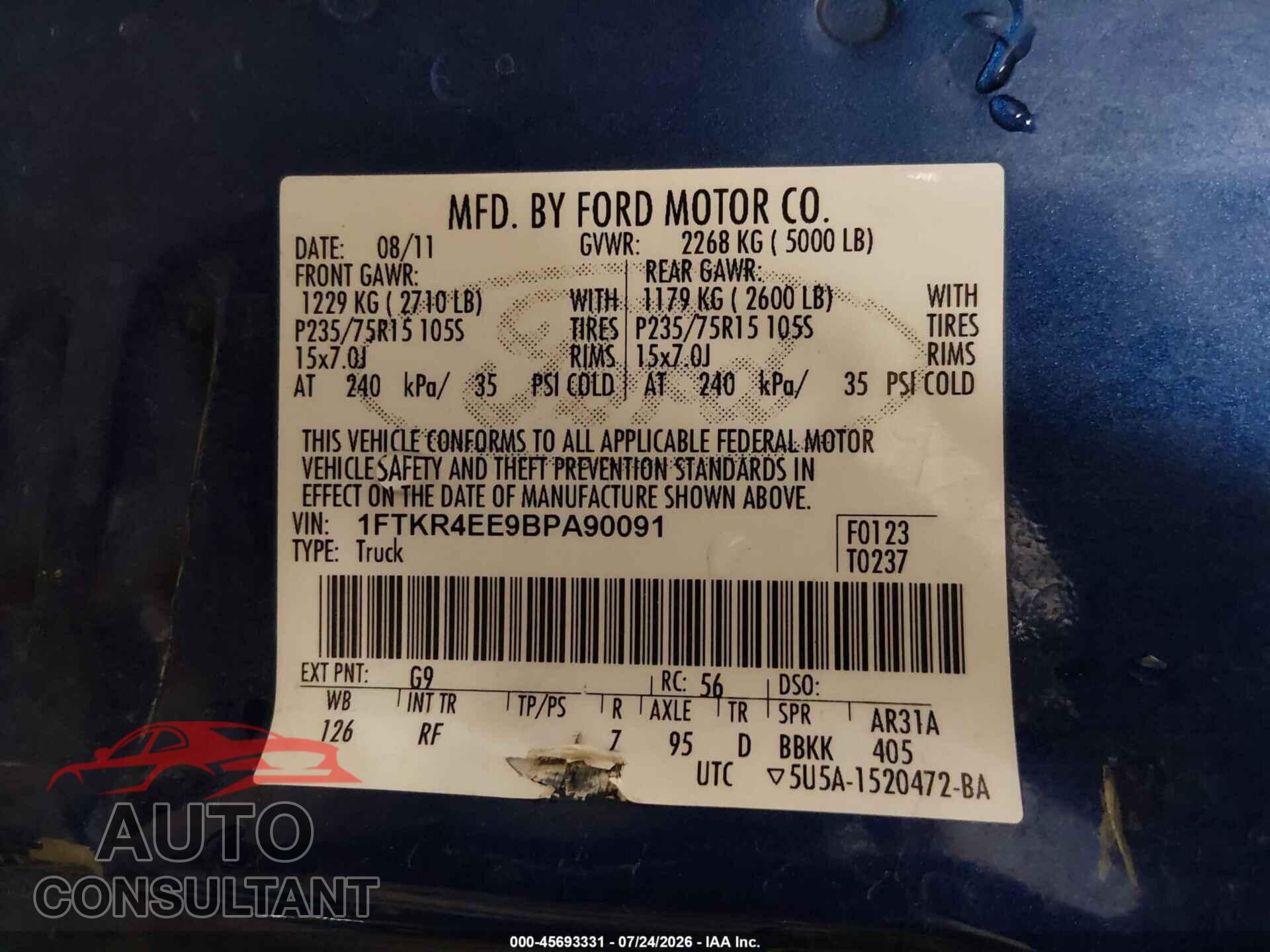 FORD RANGER 2011 - 1FTKR4EE9BPA90091