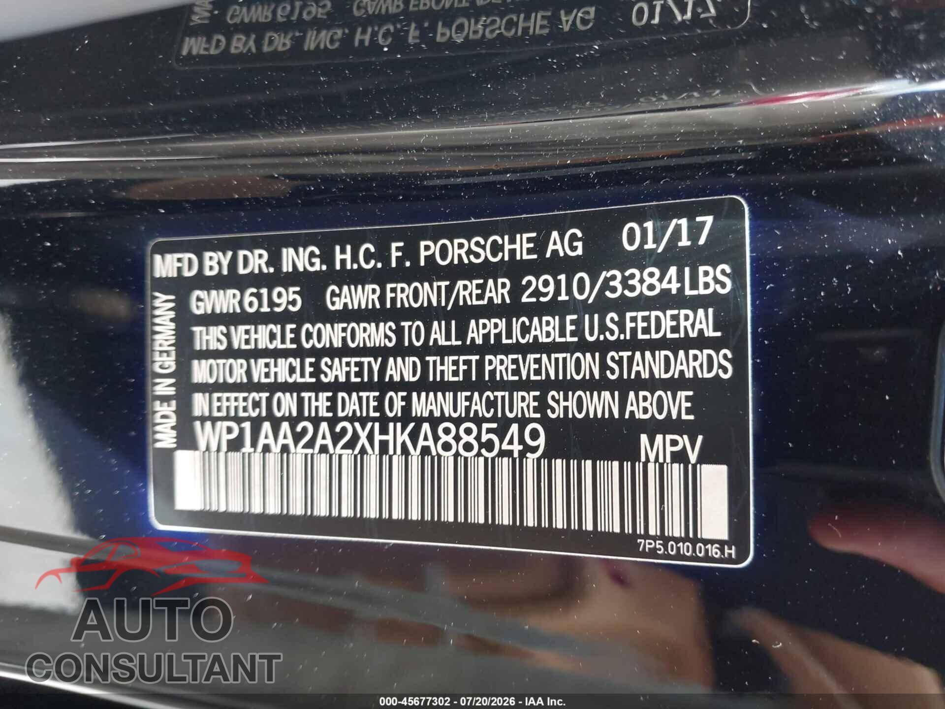 PORSCHE CAYENNE 2017 - WP1AA2A2XHKA88549