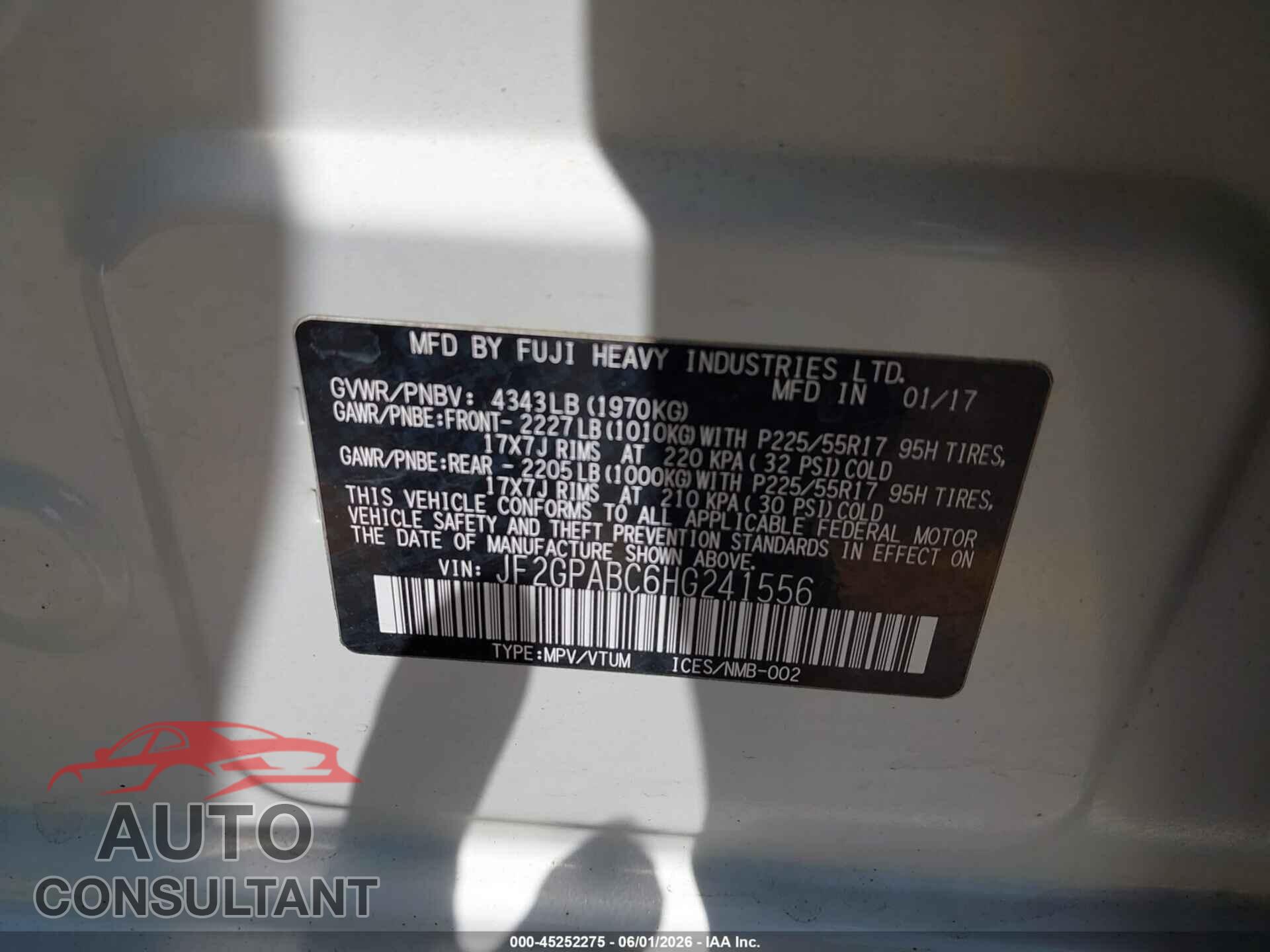 SUBARU CROSSTREK 2017 - JF2GPABC6HG241556