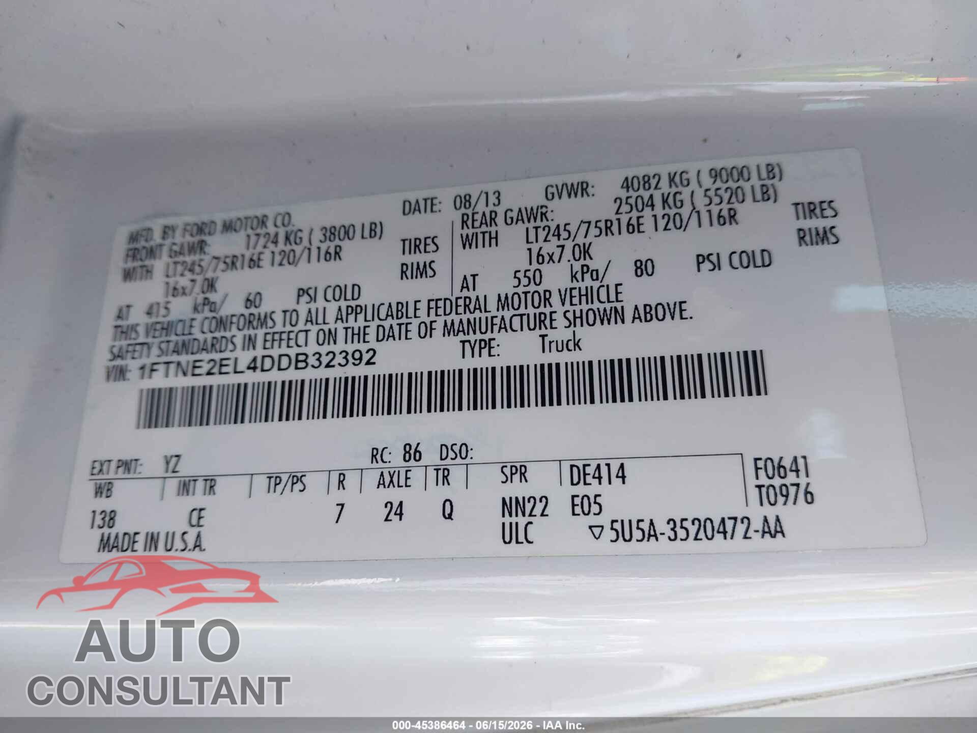 FORD E-250 2013 - 1FTNE2EL4DDB32392