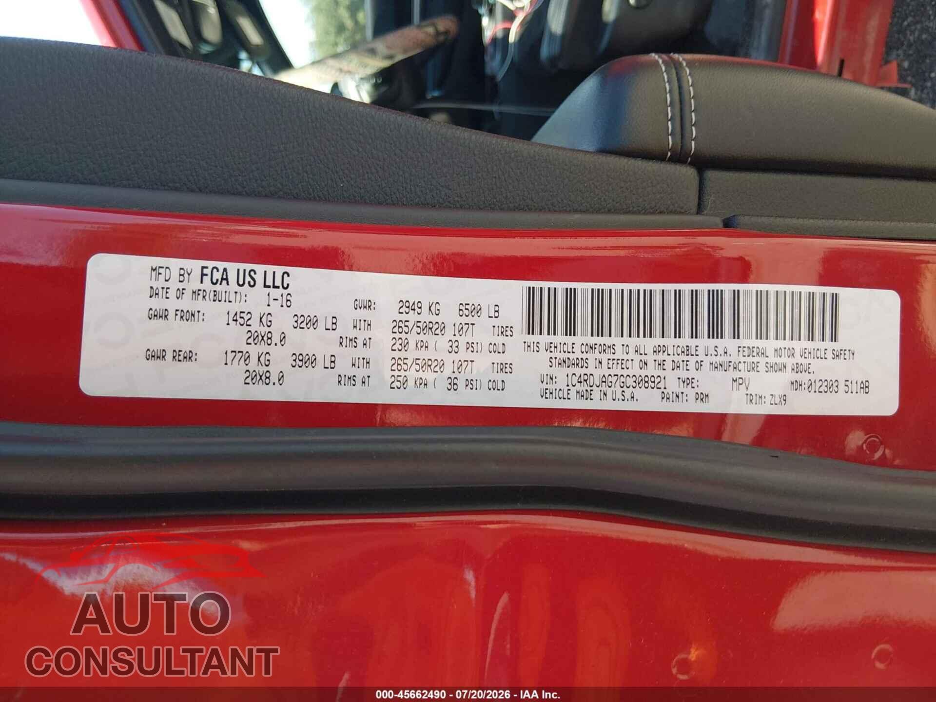 DODGE DURANGO 2016 - 1C4RDJAG7GC308921