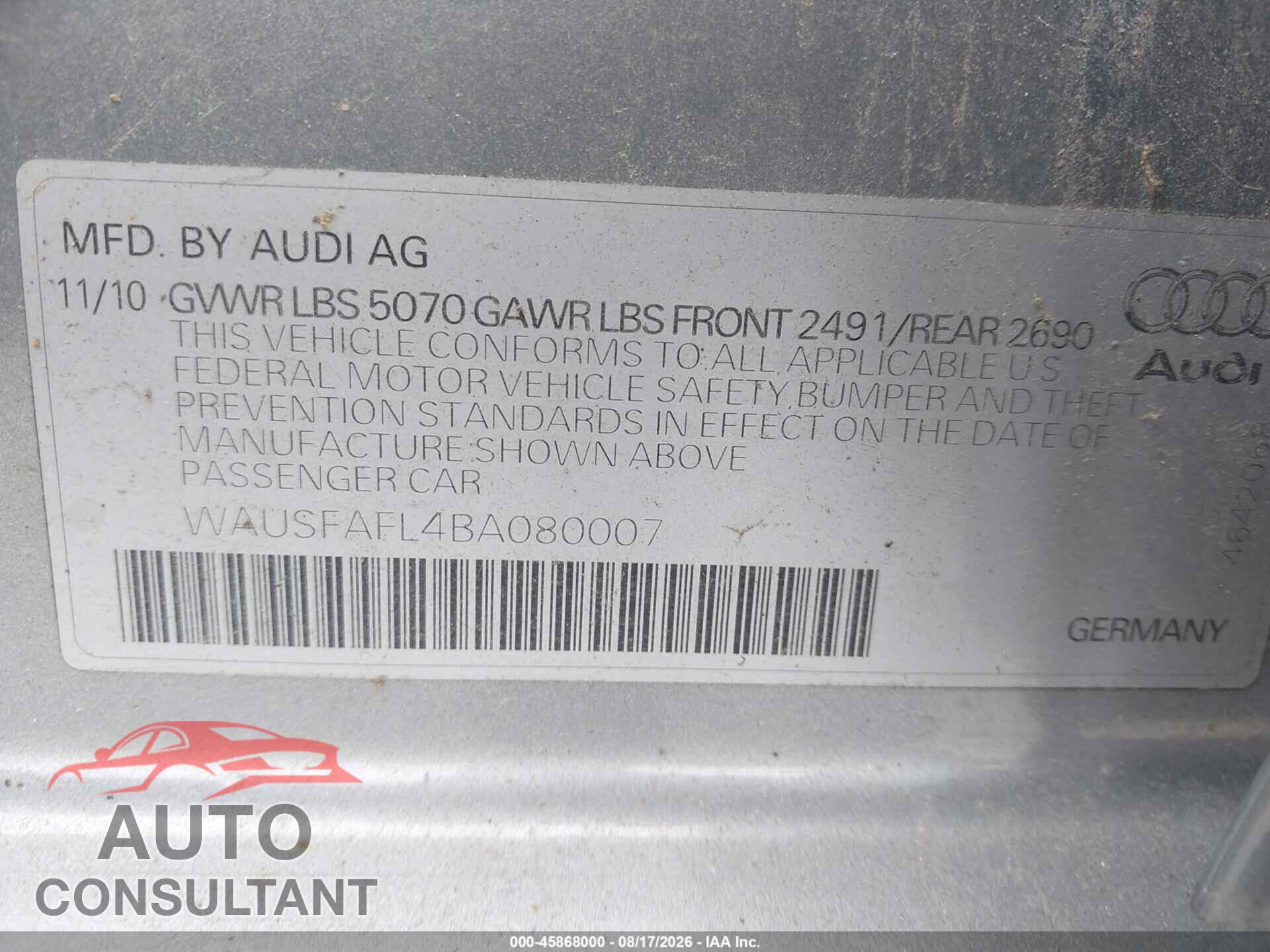 AUDI A4 2011 - WAUSFAFL4BA080007