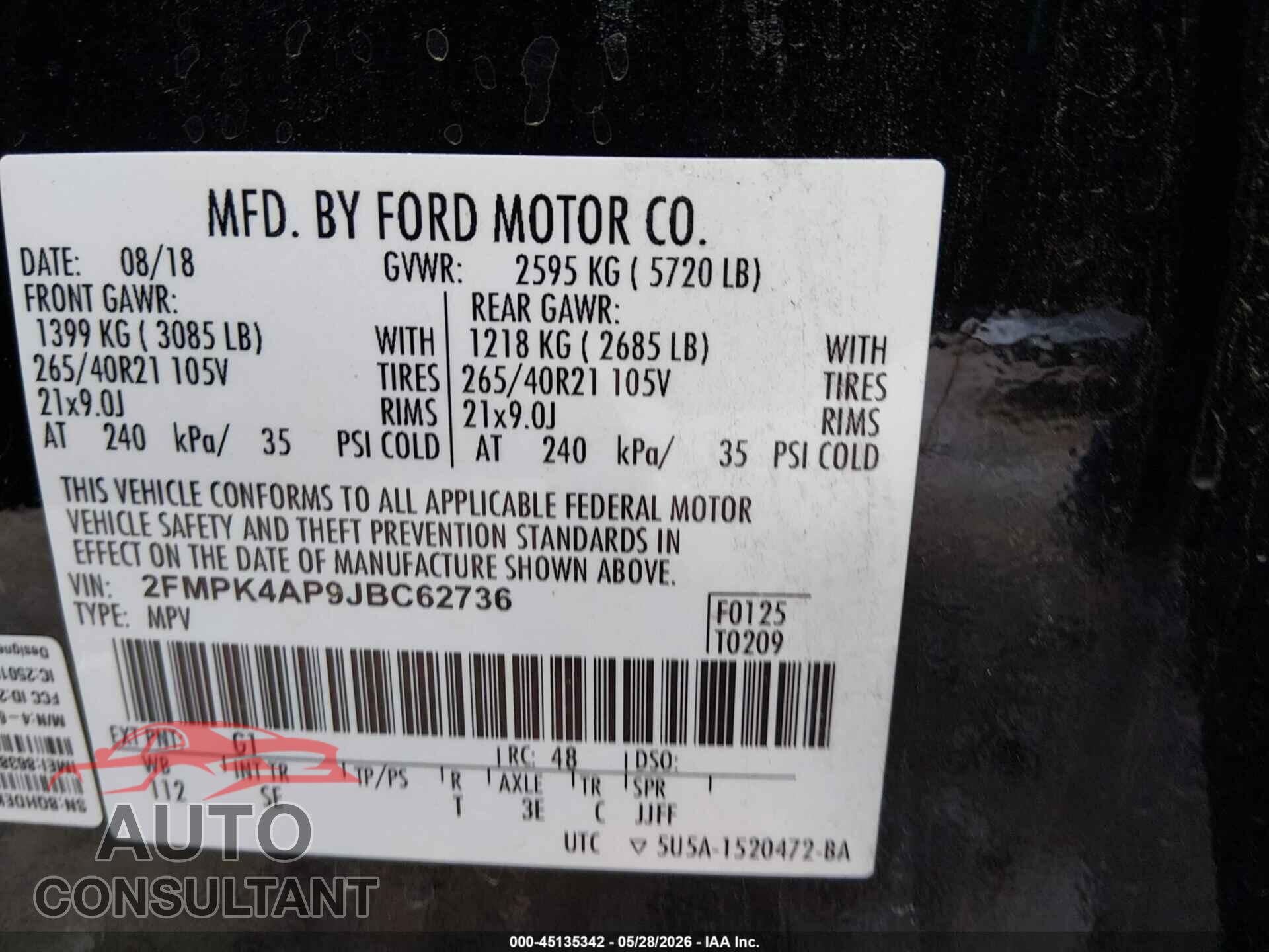 FORD EDGE 2018 - 2FMPK4AP9JBC62736