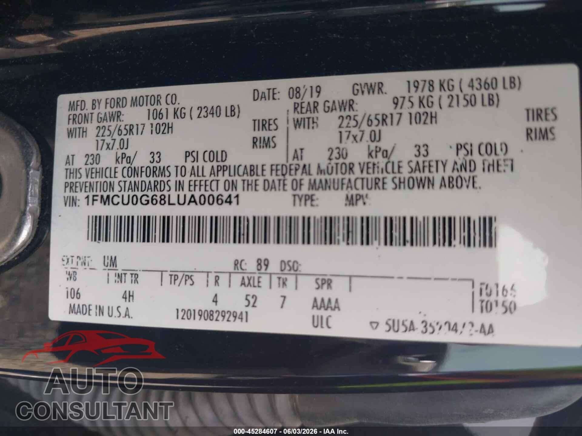FORD ESCAPE 2020 - 1FMCU0G68LUA00641