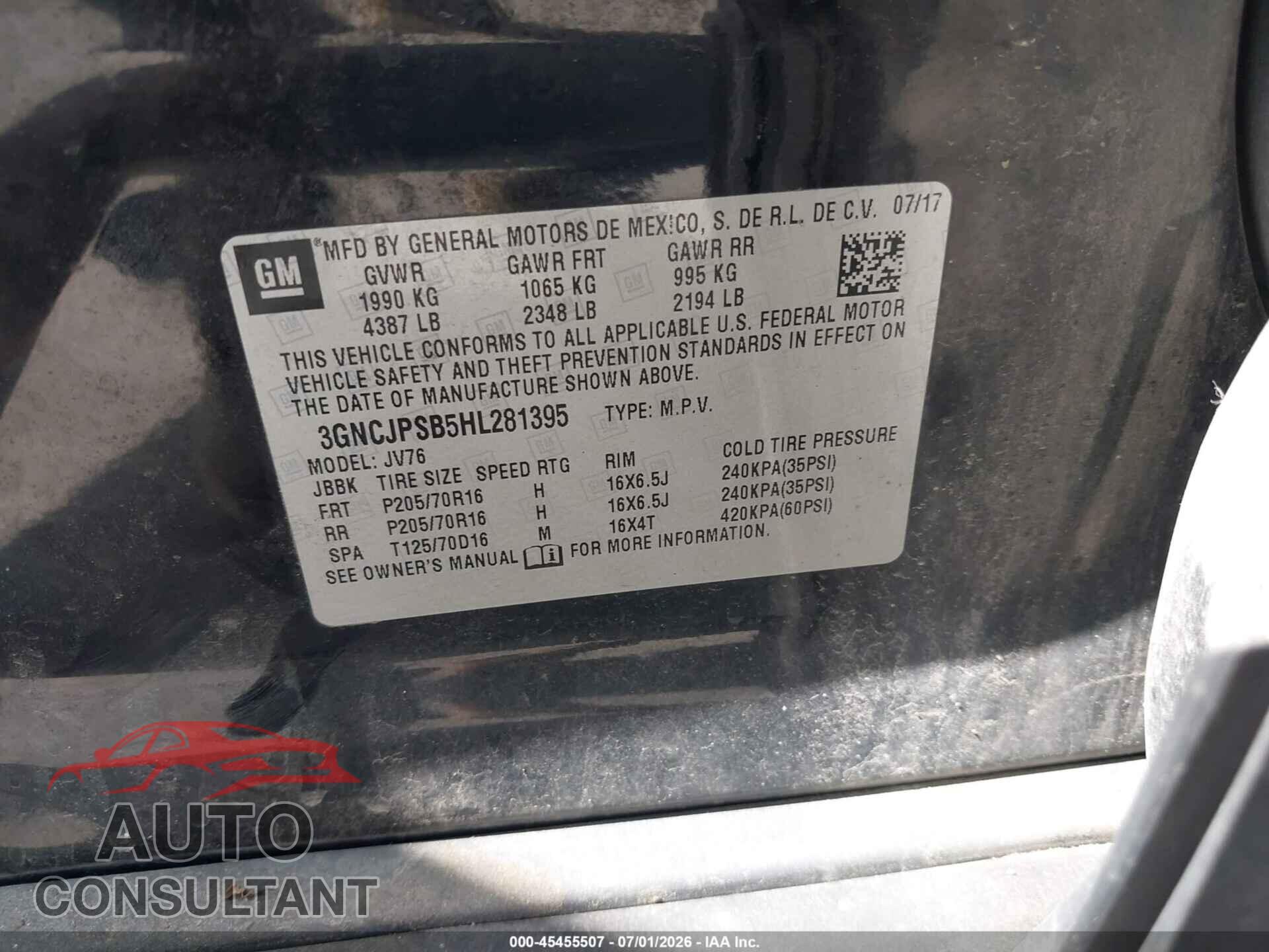 CHEVROLET TRAX 2017 - 3GNCJPSB5HL281395