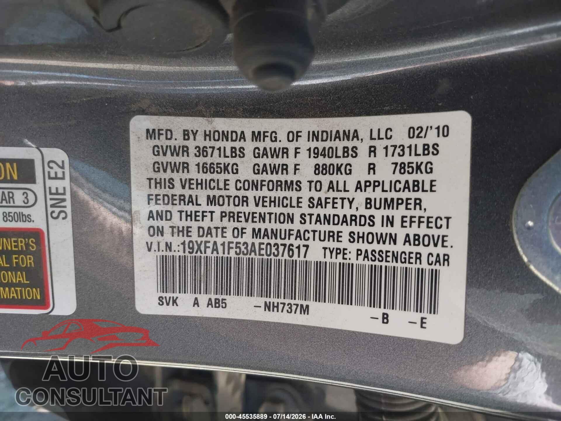 HONDA CIVIC 2010 - 19XFA1F53AE037617