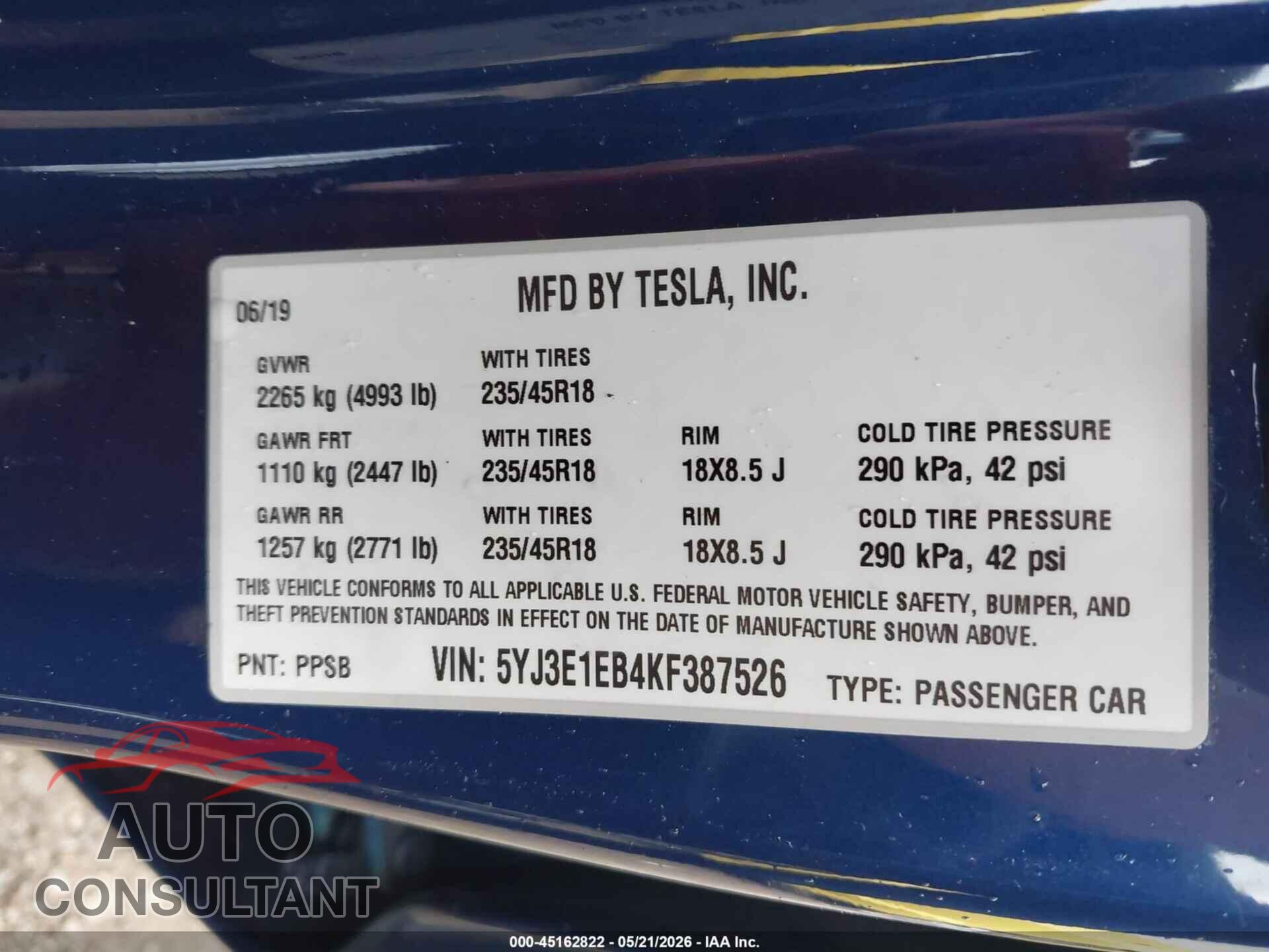 TESLA MODEL 3 2019 - 5YJ3E1EB4KF387526