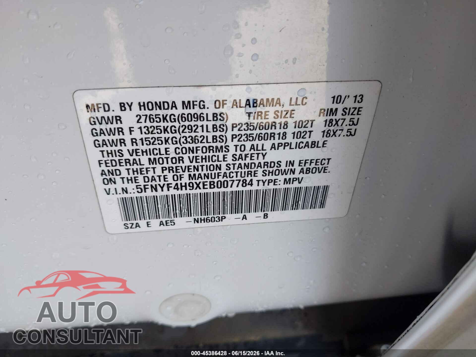HONDA PILOT 2014 - 5FNYF4H9XEB007784
